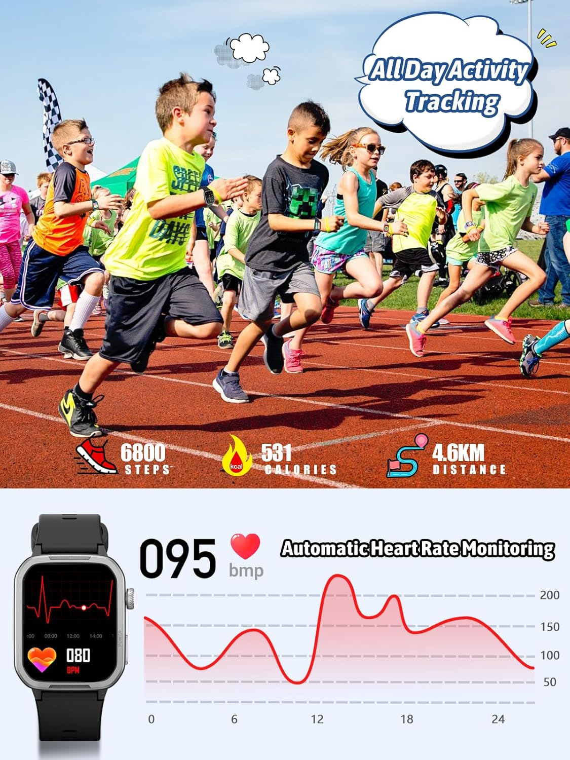 Mgaolo Kids Smart Watch,Fitness Tracker with Heart Rate Sleep Monitor for Boys Girls,Waterproof Activity Tracker Pedometer Step Counter for Android Iphone (Used without App/Phone) (Black) image number 2