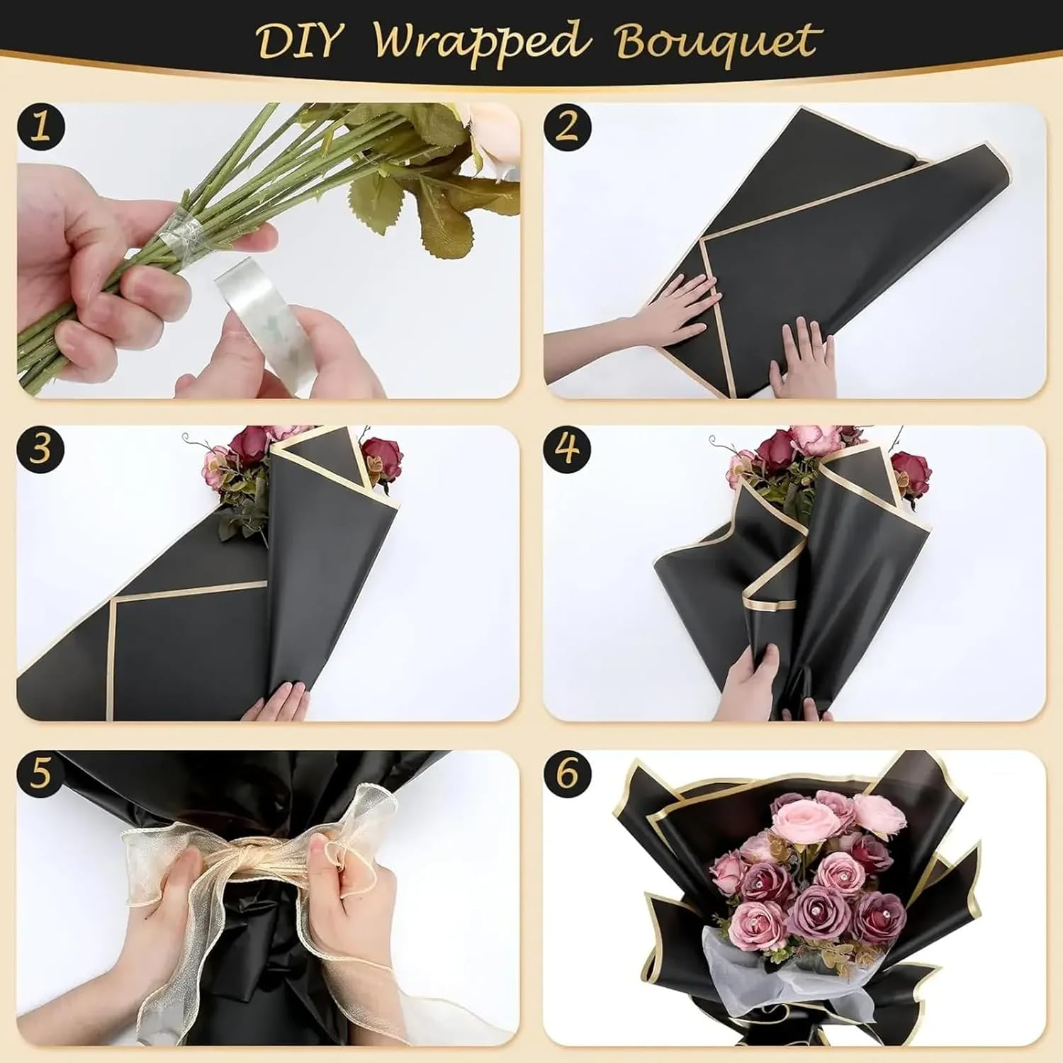 60 Pieces of Bouquet Wrapping, 22.8-Inch Large Size,Organza Ribbon and Greeting Card,Waterproof Translucent Phnom Penh Wrapping, Bouquet Wrapping, (Black, Blue, Gray) image number 3