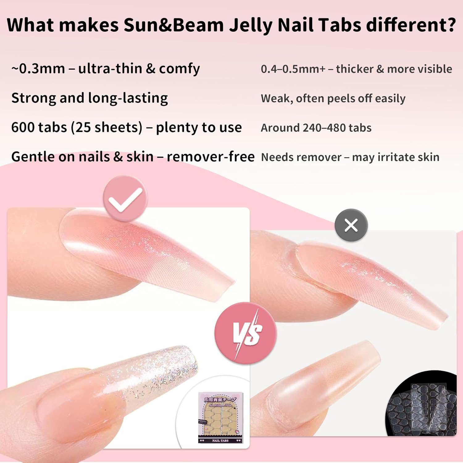 Sun&Beam Nails Jelly Nail Tabs for Press-On Nails Ultra-Thin Strong Hold Waterproof Adhesive 600Pcs Standard Size (Larger Size) image number 1