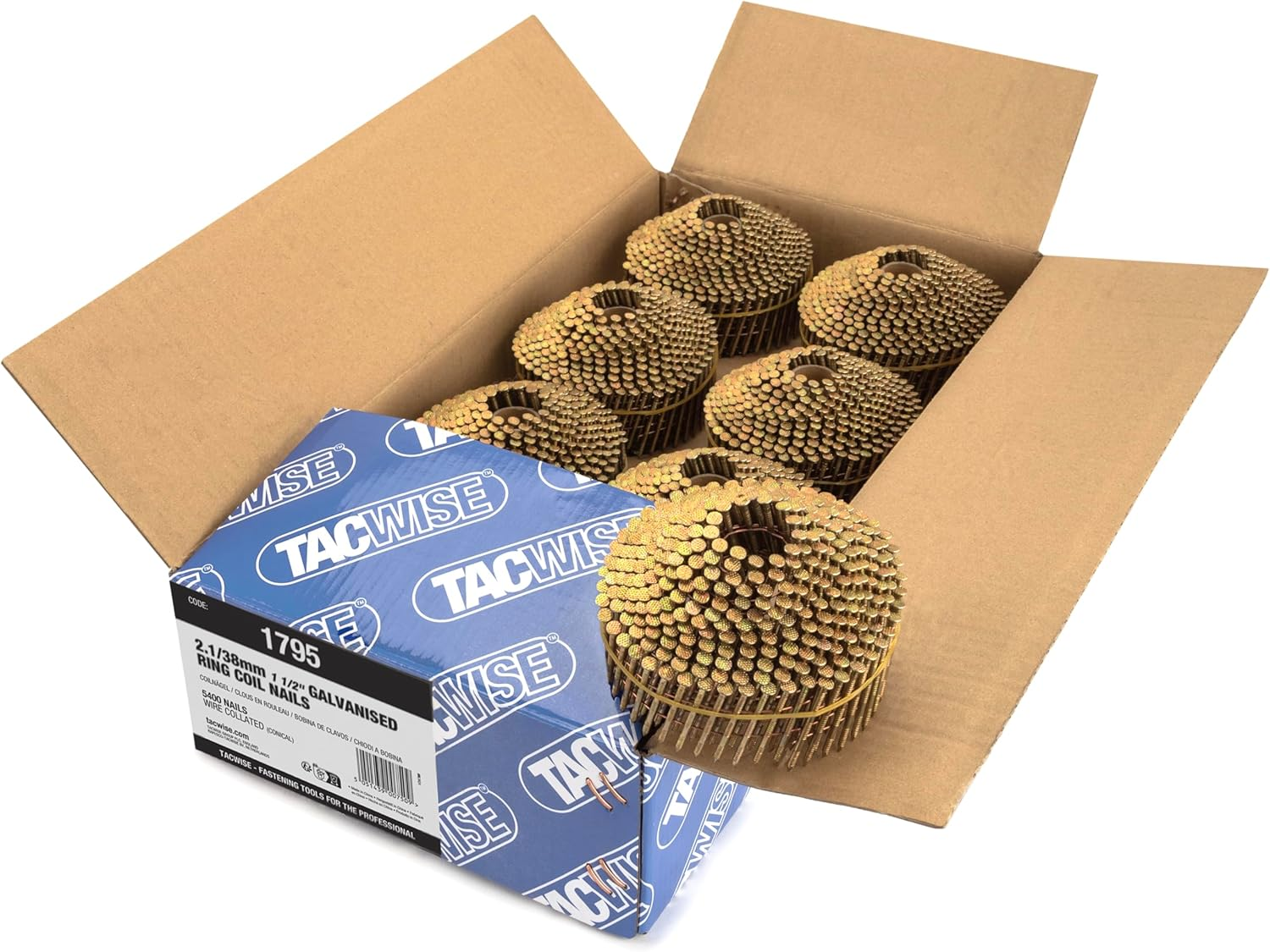TACWISE 1795 Type 2.1/38Mm Galvanised Spherical Coil Nails Diamond Tip Ring Shank 16&deg; Inclined Wire Bound Pack of 5400 image number 3