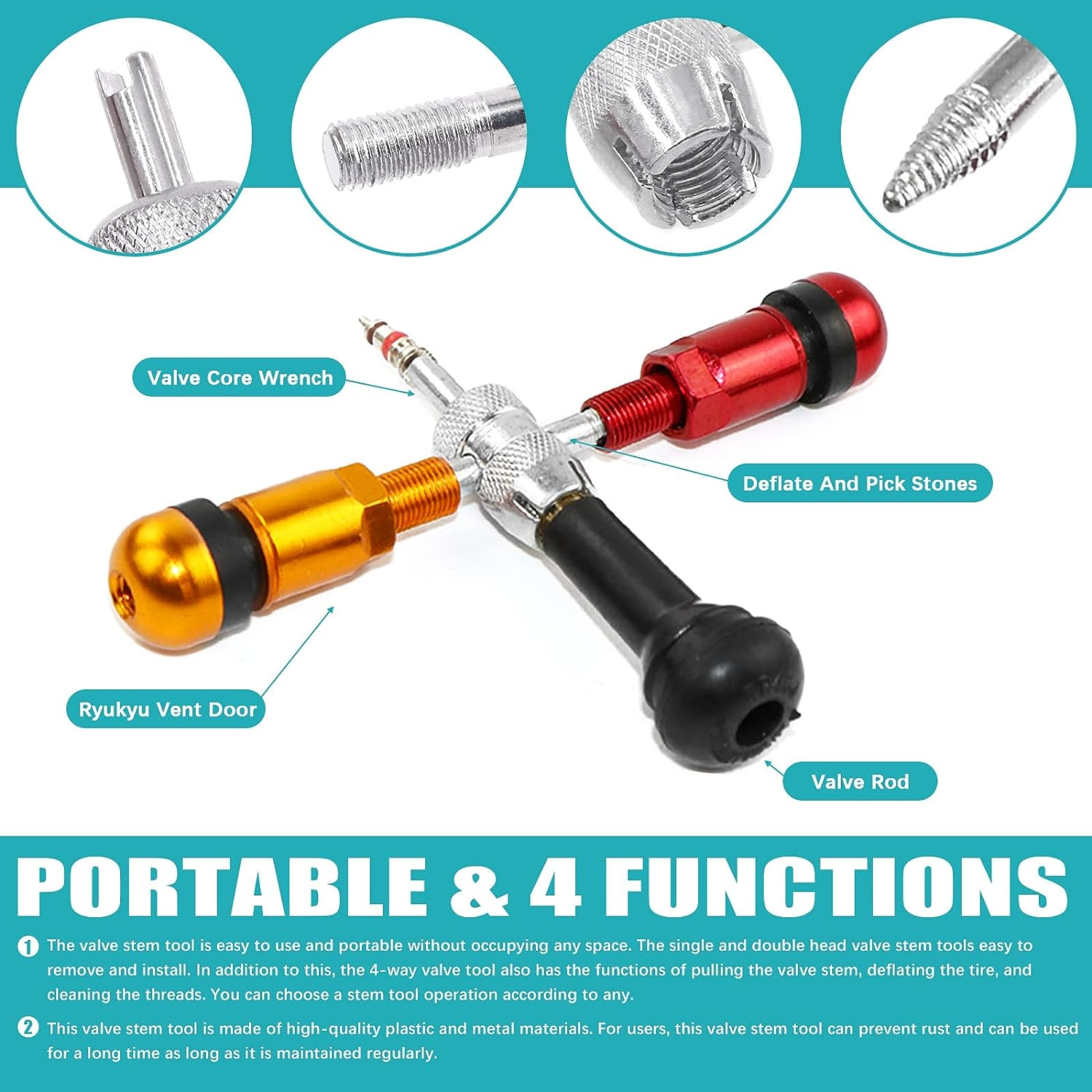 76Pcs Tire Patch Auto Repair Tool Kit Includes Valve Stem Remover Puller, Valve Core Remover, Tire Patch Roller, 4-Way Valve Tool, Valve Cores, Valve Core Removal Key Single Head Valve Remover image number 4