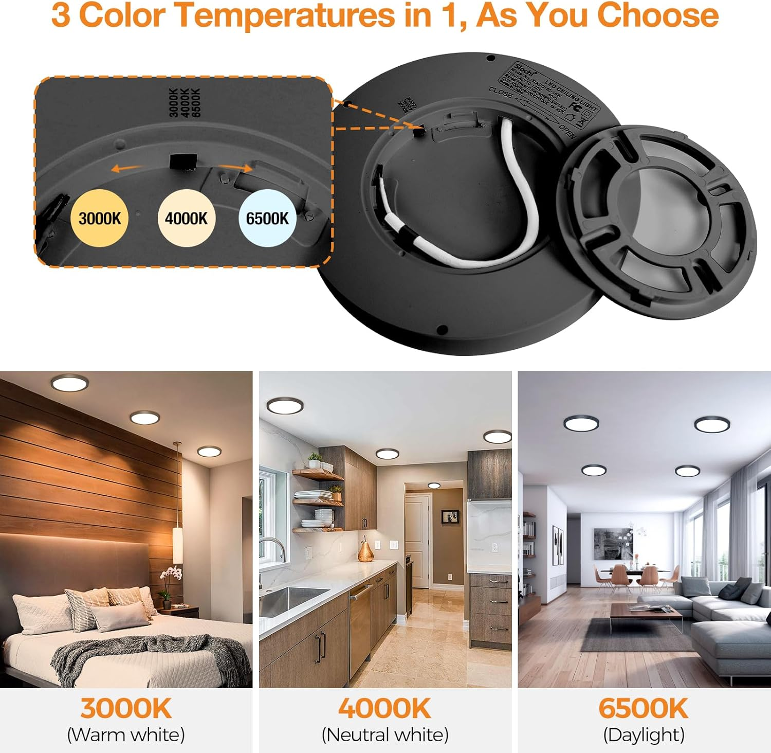 Slochi LED Ceiling Light, 3000K 4000K 6500K 3 Colours Ceiling Light, 15 W 1500 LM, Modern, Round, IP44 Waterproof Bathroom Ceiling Light for Kitchen, Bedroom, Hallway, Garage, Balcony, Black image number 6