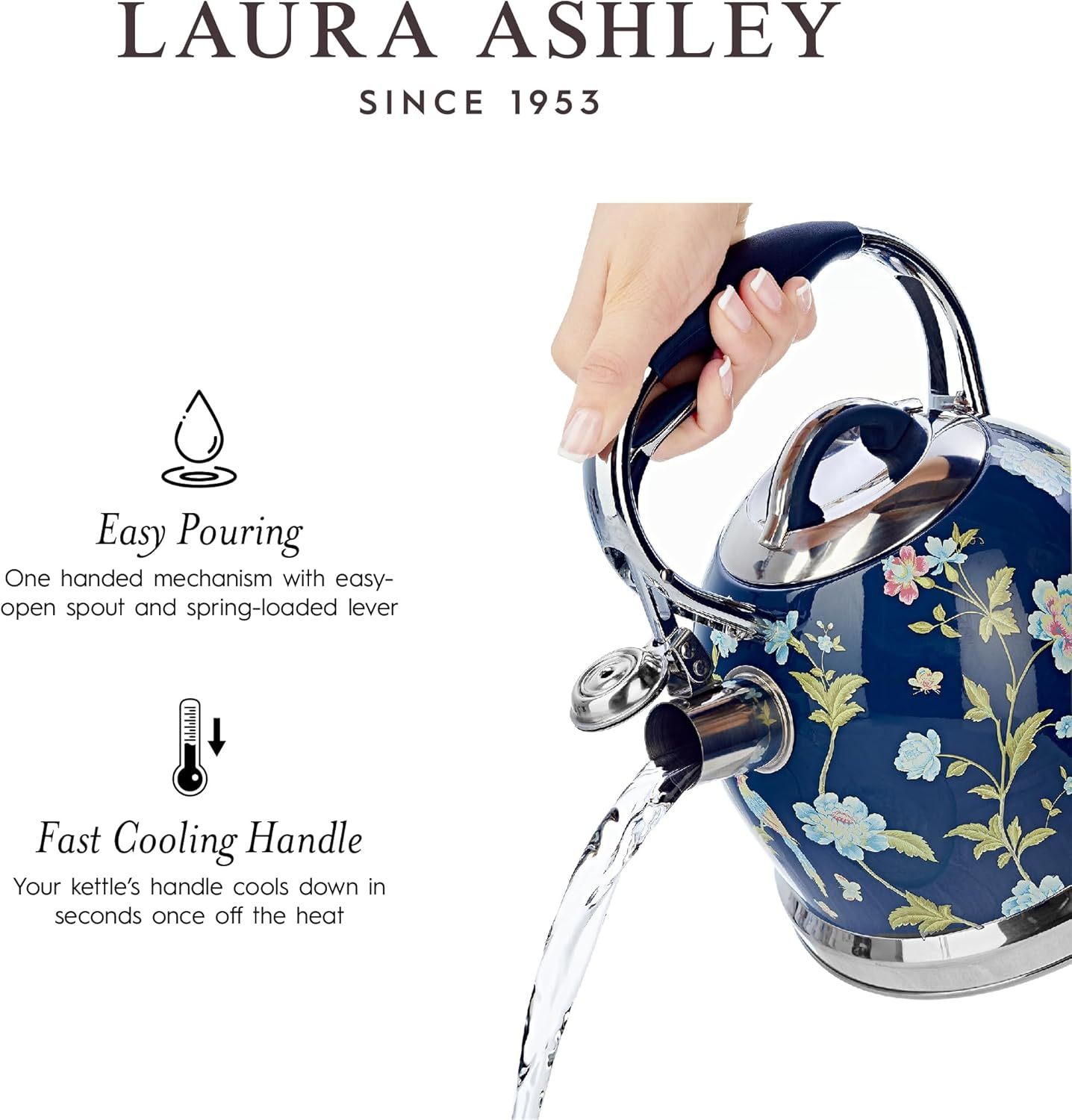 VQ Laura Ashley Elveden Navy 2.5L Stovetop Kettle. Stainless Steel Whistling Stove Top Kettle. Tea Kettle for Gas, Induction Hob & Others. Silicon Coated Cool Handle, Push Button Mechanism Teapot image number 1