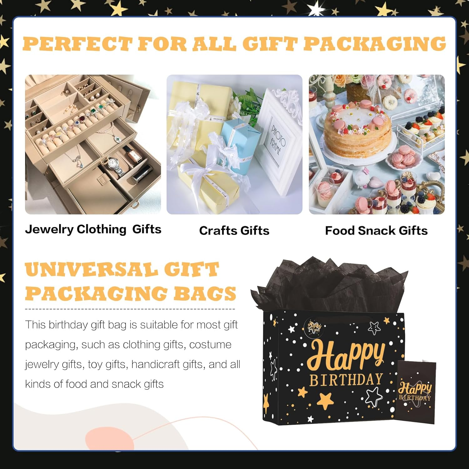 2PCS 13" Large Happy Birthday Gift Bag Set with Greeting Card, Tissue Papers, Party Favor Bag Set Supplies with Letter Gold Stars Pattern, Black Package for Men, Girls and Kid (Black Gold Stars Theme) image number 2