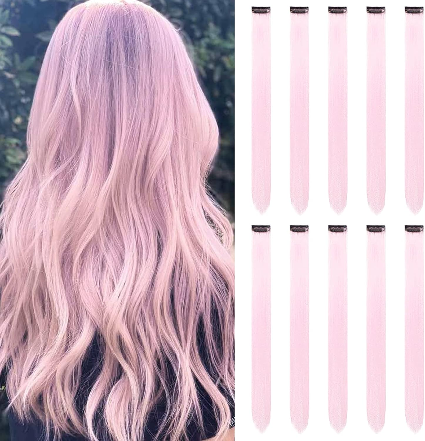 Coloured Hair Extensions Clip in for Girls 22 Inch Colourful Straight Hair Extensions for Party Highlights Hair Accessories Hairpieces for Children Women (10 Pieces Peach Pink)