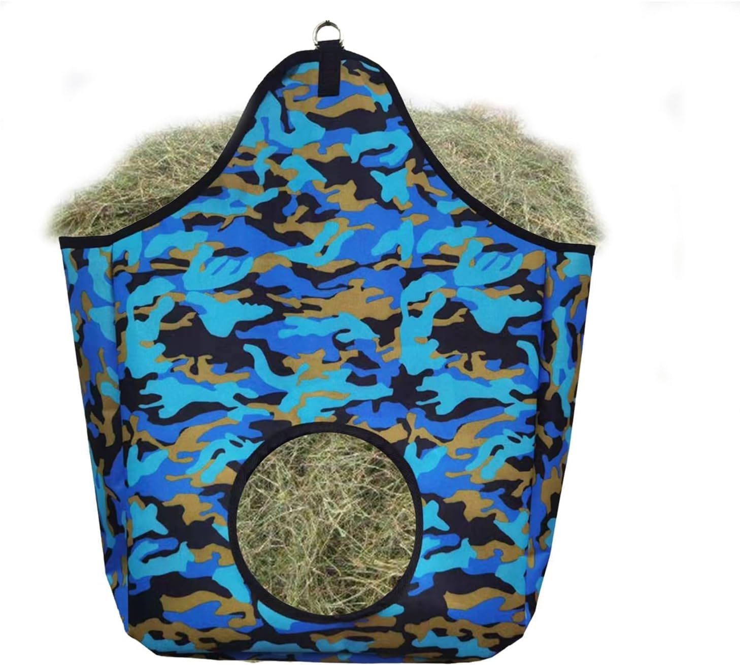 Heavy-Duty Slow Feed Hay Feeder Bag for Horses, Cows, Goats & Donkeys - Large Capacity Oxford Fabric Sack with Metal Snap Fasteners & Efficient Open-Feed Holes (Camouflage) image number 4