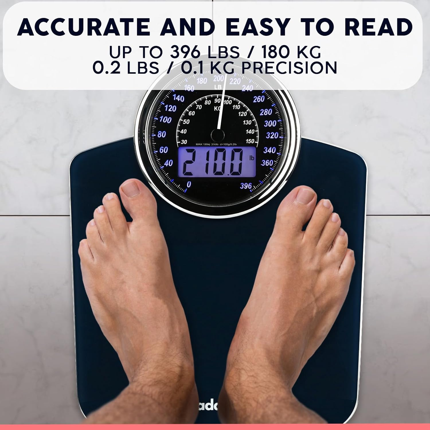 Adamson Hybrid 2-In-1 Analog & Digital Weighing Scale for Body Weight up to 400Lbs + Thick Tempered Glass + Extra Large Display + Easy to Read Digital Bathroom Scale + New Version image number 2