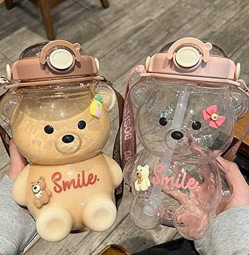 JQWSVE Kawaii Bear Straw Bottle, Kawaii Water Bottles Cute Water Bottle with Stickers, Leak-Proof Kawaii Bear Water Bottle for Office Travel