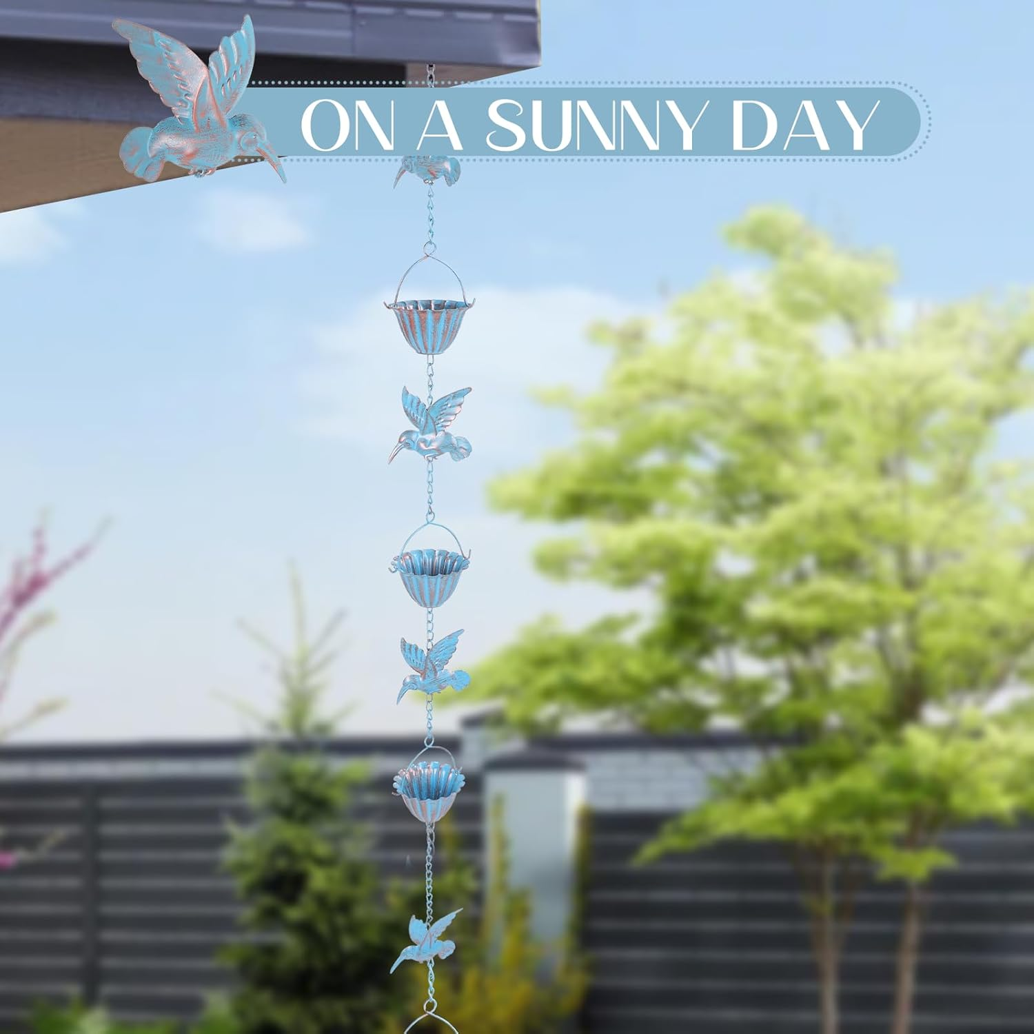 Metal Rain Chain, 7.9 Foot Rain Catcher Chain with 7 Water Cups and 7 Removable Hummingbird Decorative Rain Chains, Easy to Install Gutter Rain Collector Chain for Eaves Drainage image number 4