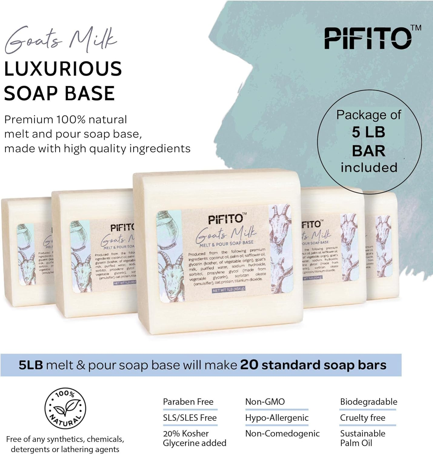Pifito Premium Goats Milk Melt and Pour Soap Base (5 Lb) - Natural Vegetable Glycerin Base - Excellent Hand Soap Base Making Supplies image number 6