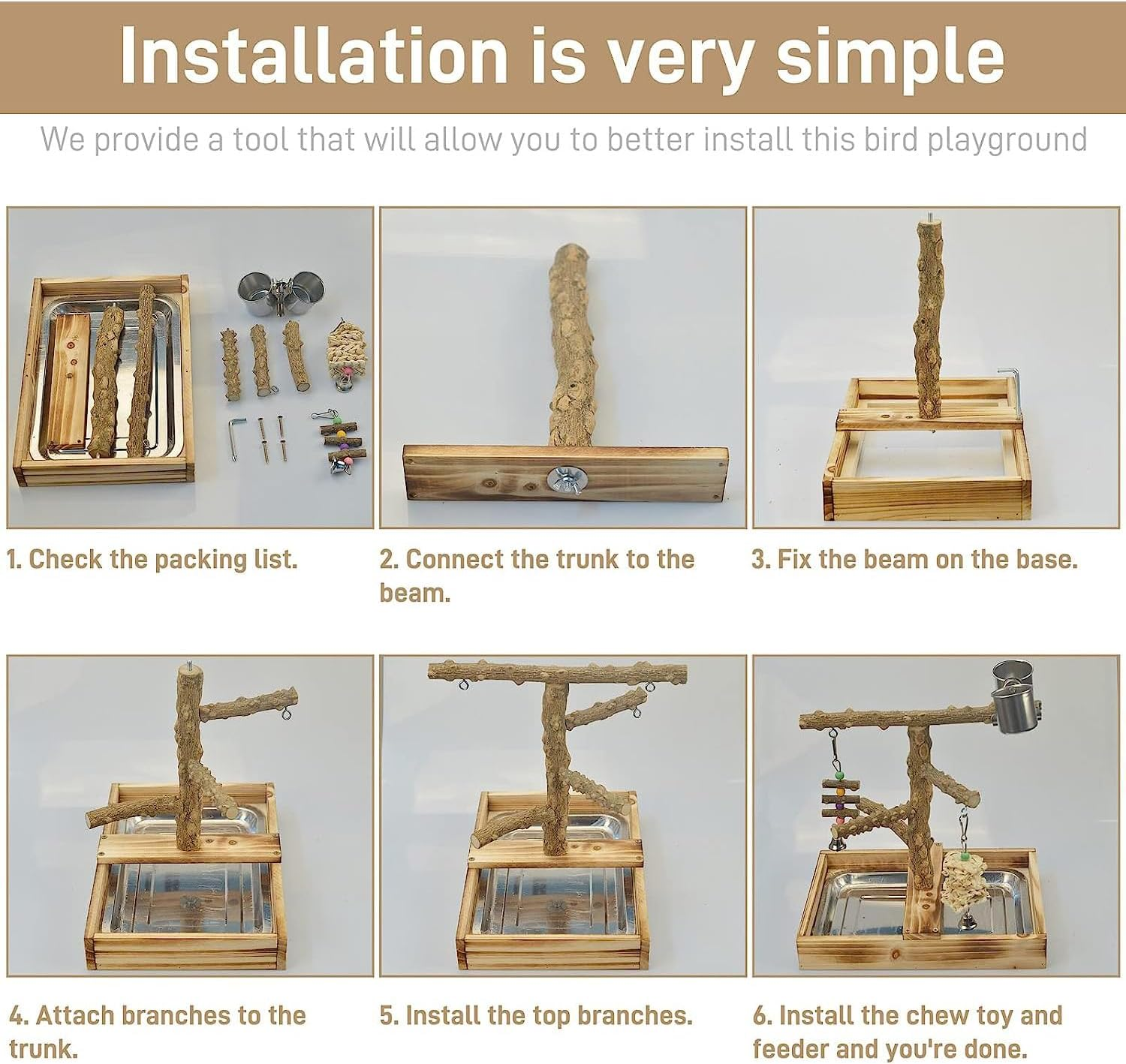 Cozioz Natural Wooden Bird Playground with Removable Tray, 2 Stainless Steel Cups - Ideal Bird Cage Accessories and Perches for Fun and Feeding image number 1