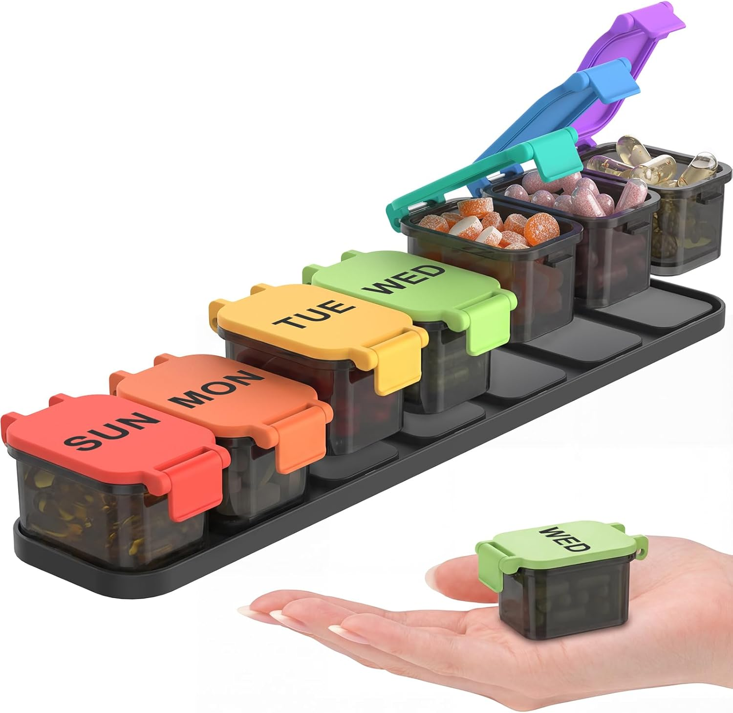 Extra Large Weekly Pill Organizer - Waterproof 7-Day Pill Box, Portable Vitamin & Supplement Case, Easy to Open Design, Ideal for Travel and Daily Medication Management (Rainbow)