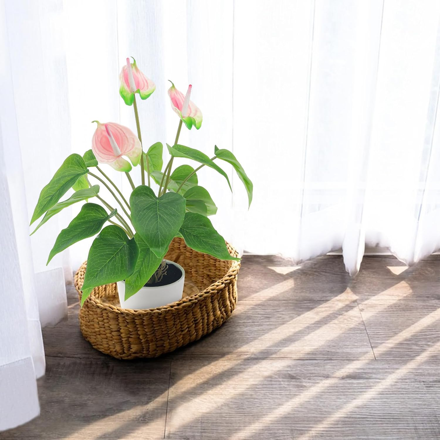 Quancru 42Cm Pink Artificial Anthurium Lily Flower Fake Andraeanum Plant Decor Real Touch Simulation Bonsai DIY Wedding Party Show Ceremony image number 5