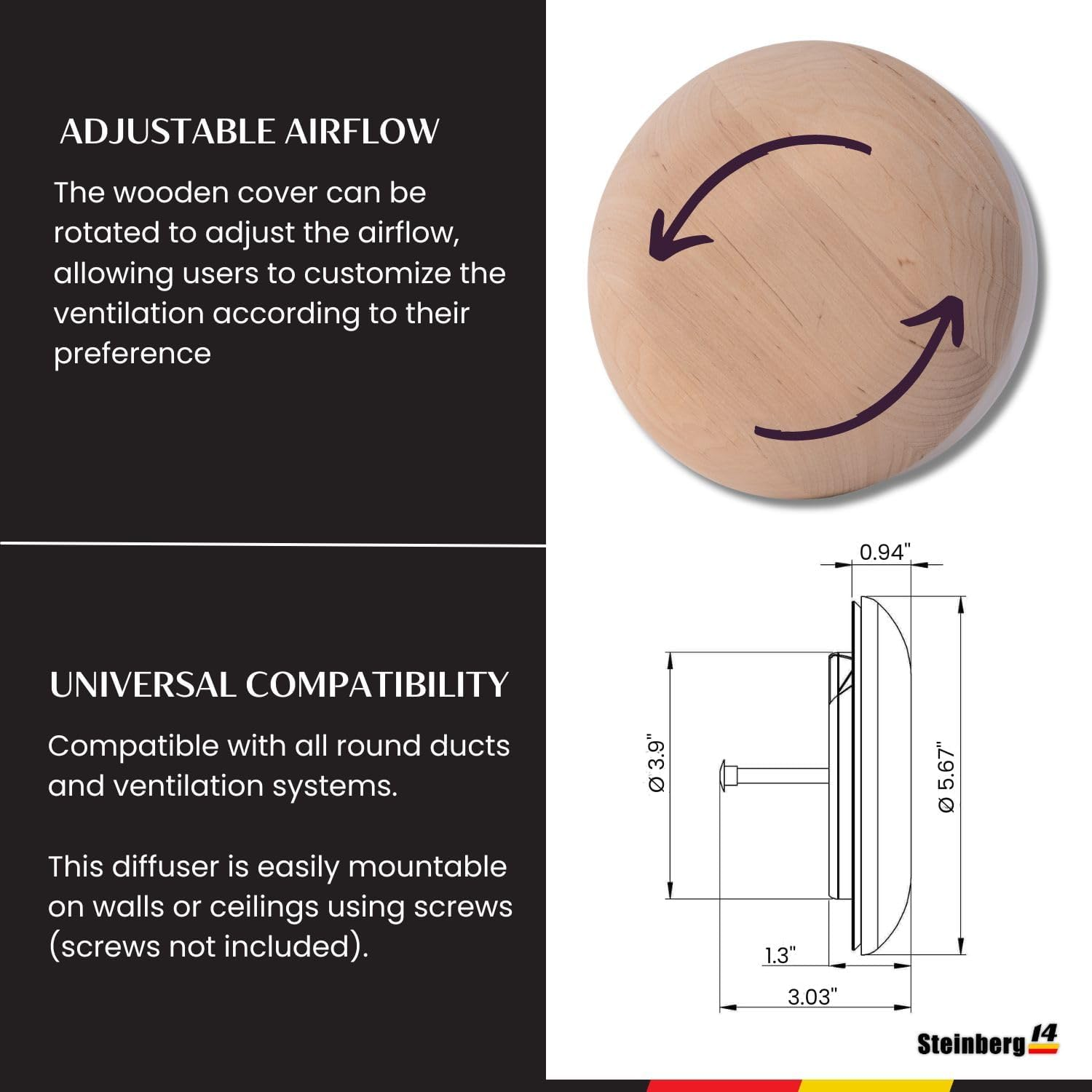 Steinberg14 Wooden Air Diffuser - 4 Inch Universal Supply and Exhaust Valve - 100Mm Adjustable Vent Cover - round Wall Ceiling Vent - Black Alder Wood Air Vent - Ventilation Grille for Sauna image number 6