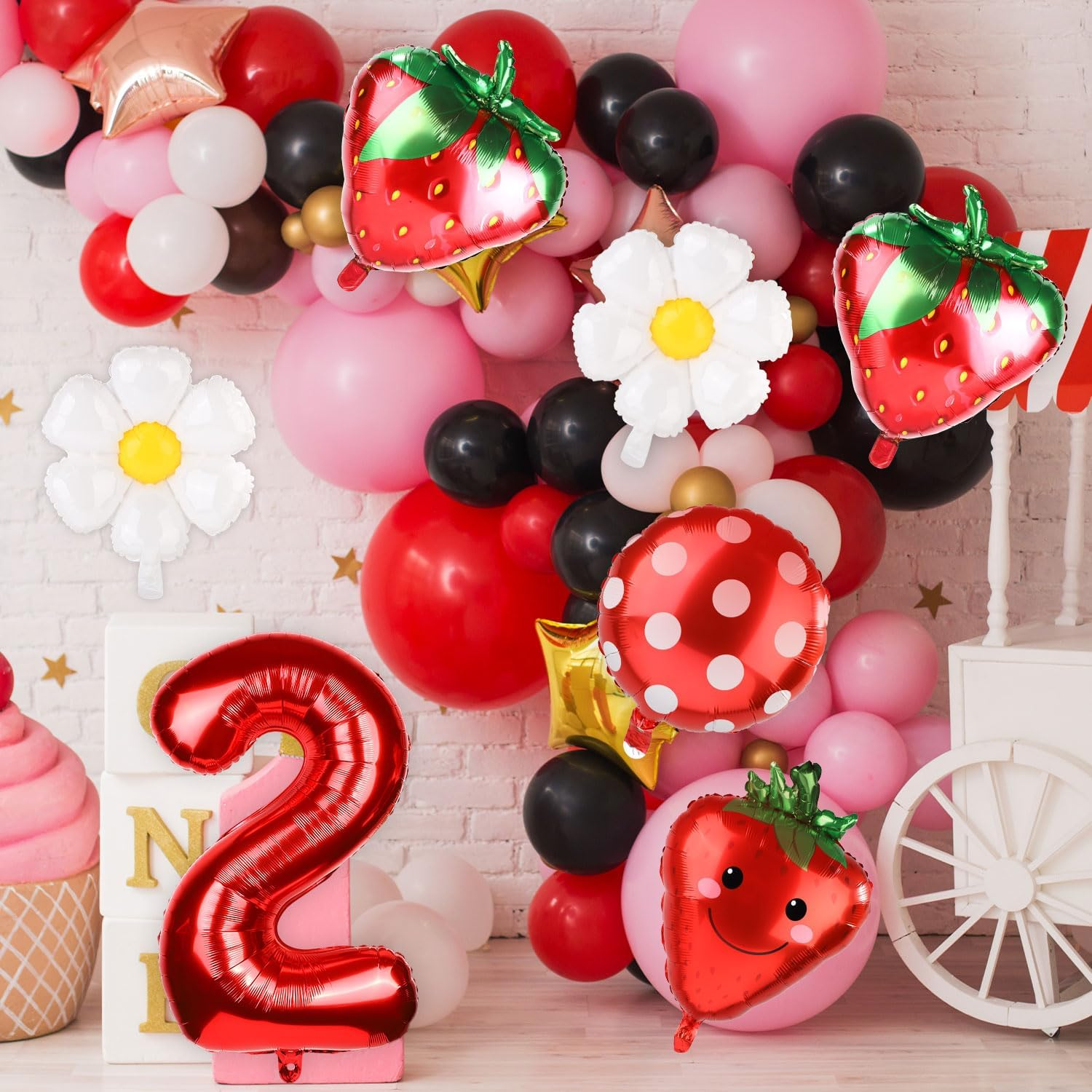 7Pcs Strawberry Party Balloons Kit, Strawberry Balloon Garland Sweet Number Strawberry Party Decorations Strawberry Foil Balloons for Birthday Backdrops (Number 2) image number 5