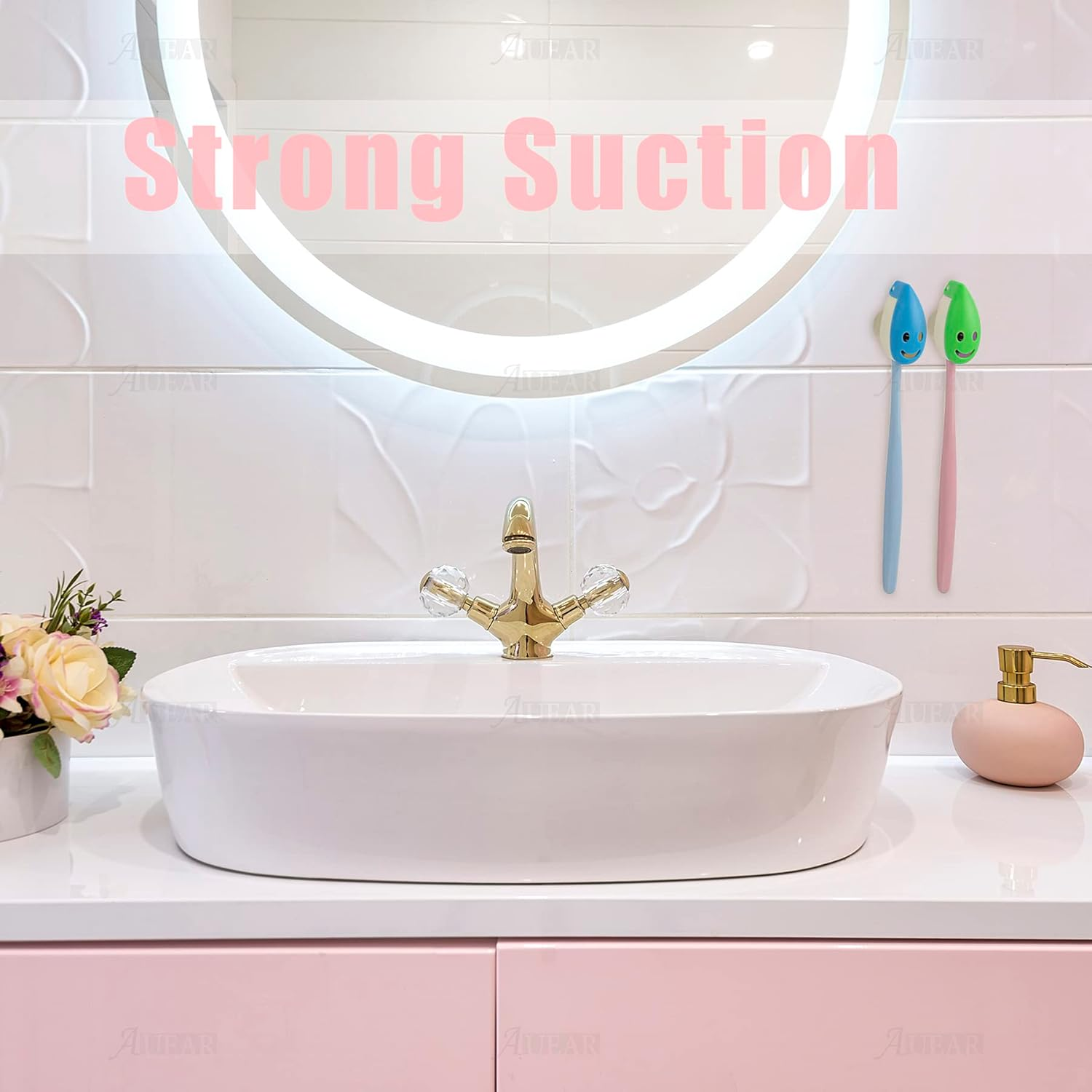 AUEAR, 8 Pack Happy Face Toothbrush Head Cover Cap with Suction Cup Cute Portable Protective Covers Case for Home Travel Outdoor Camping 4 Colors