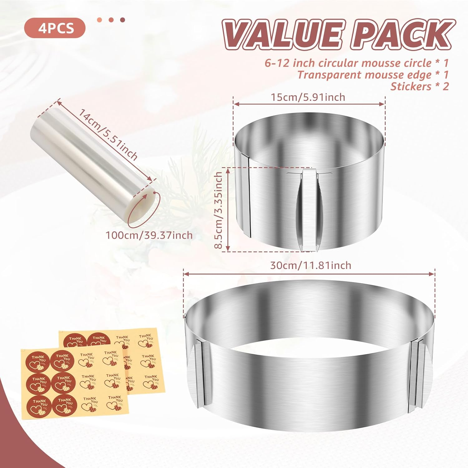 Fwqofvk 6-12 Inch round Cake Ring, Stainless Steel Adjustable Cake Mold Collar Set with Clear Cake Roll, Temperature Resistant Mousse Mold Set, Bakeware Set Tool for Chocolate Fruit Tart image number 6