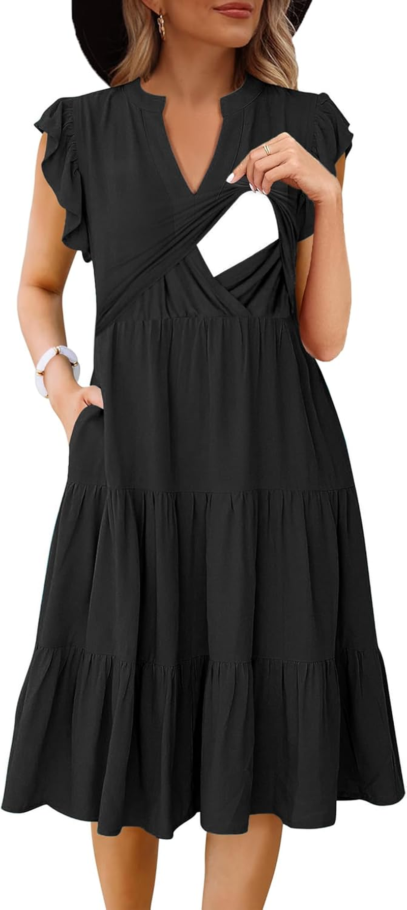 Womens Nursing Midi Dress Breastfeeding Summer Ruffle Sleeveless V Neck Tiered Beach Sundress with Pockets