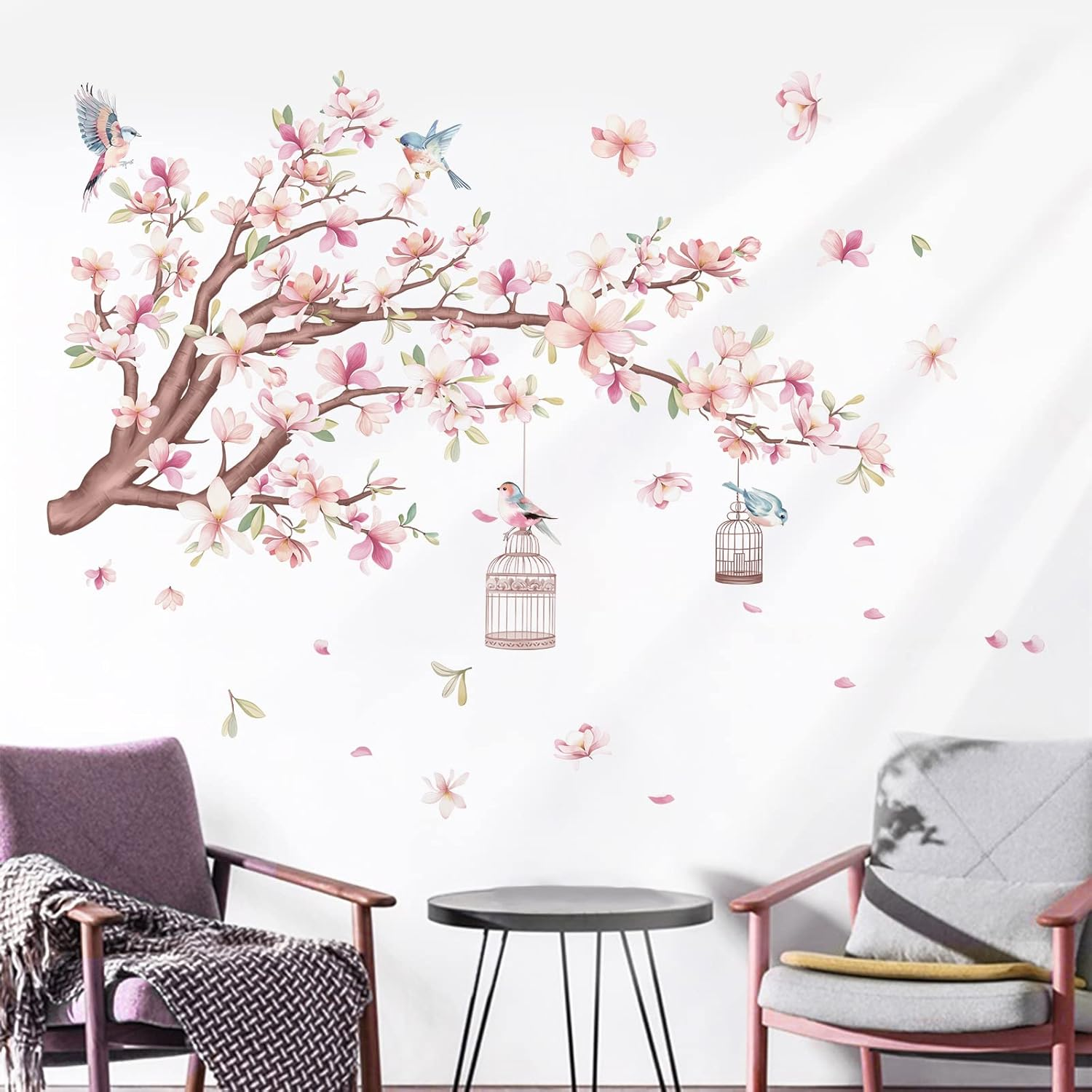 Wondever Cherry Blossom Flowers Wall Stickers Pink Magnolia Floral Tree Branch Birds Peel and Stick Wall Art Decals for Living Room Bedroom TV Wall image number 1