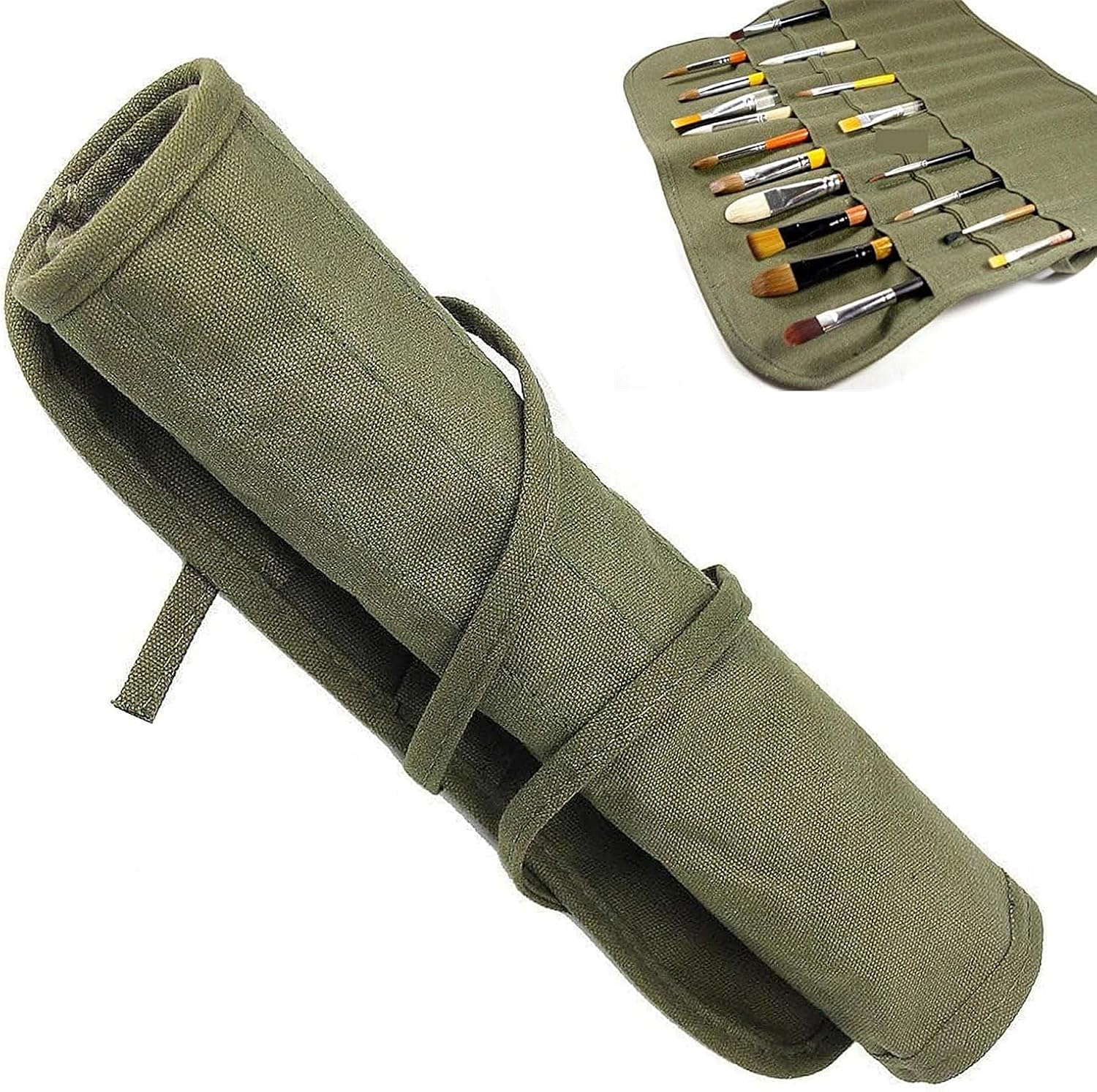 ZUJIACUN 22 Slot Canvas Paint Brush Roll - Army Green, Durable & Portable Brush Holder for Artists, Students - Holds 22+ Brushes, Compact Roll-Up Design, Perfect for Travel & Studio Use image number 5