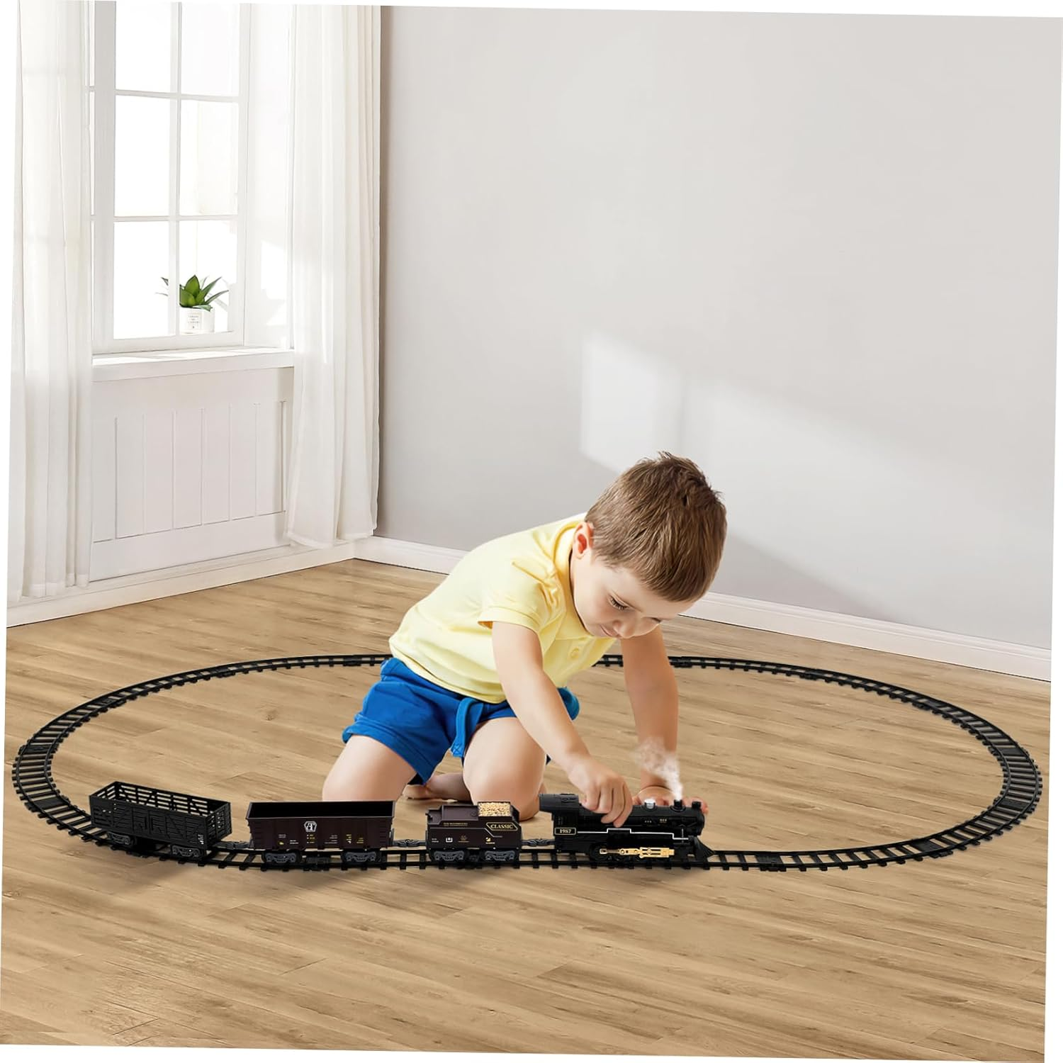 Vaguelly Steam Locomotive Train Set Battery Powered Train Toys Simulation Train Models Electric Train Sets with Smoke for Kids Birthday Party Supplies image number 1