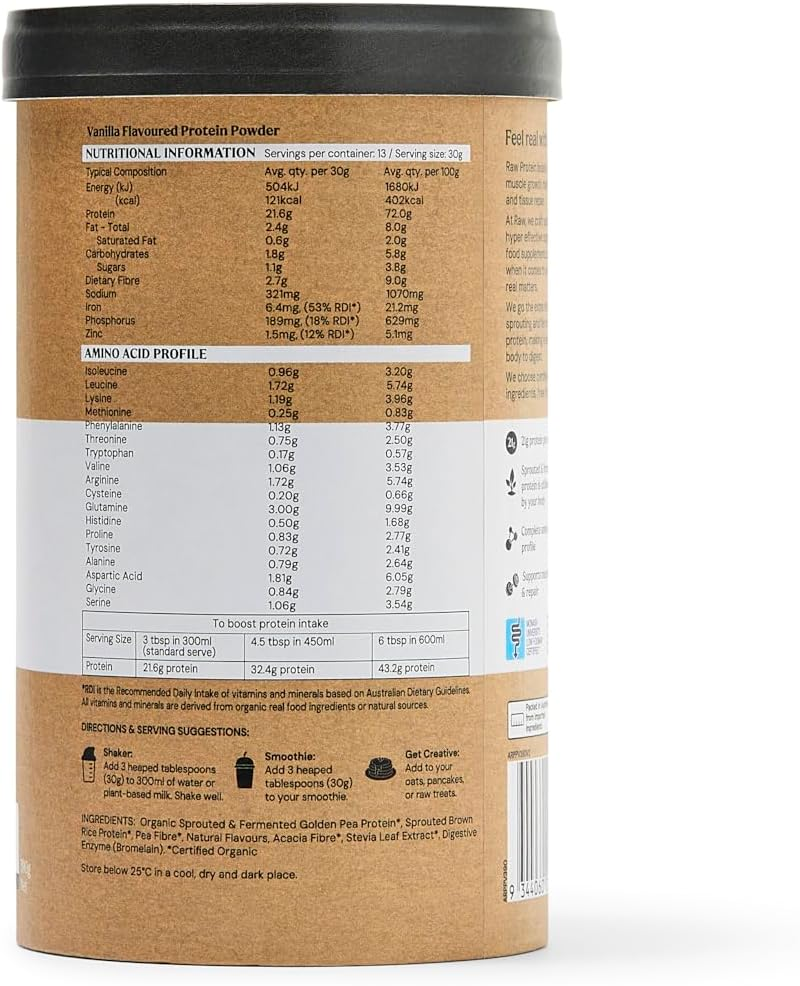 Amazonia Raw Protein Isolate Vanilla, Natural Plant-Based Protein Powder&ndash; Certified Organic, Fermented, Low FODMAP, Gluten-Free, Vegan, 21.6G Protein per Serving, 390G image number 1