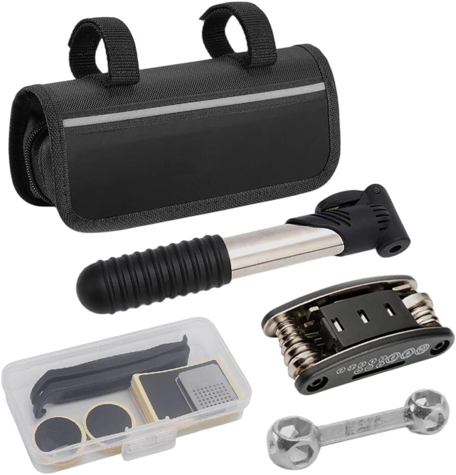 AIMALL Bicycle Repair Tool Kit with Saddle Bag, Portable Multifunctional Wrench Set, Mini Air Pump, Reflective Strip for Road & Mountain Bike Maintenance image number 1