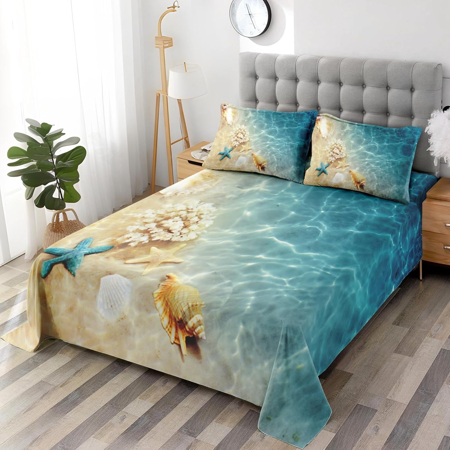 Wecozy Full Size 4 Pcs Bed Fitted Sheet Set with 14" Deep Pocket, Summer Seashell Beach Flat Sheet Set for Kids and Adults, Blue Sea Shell Animal Bedding with 2 Pillowcases for Bedroom Decor image number 3