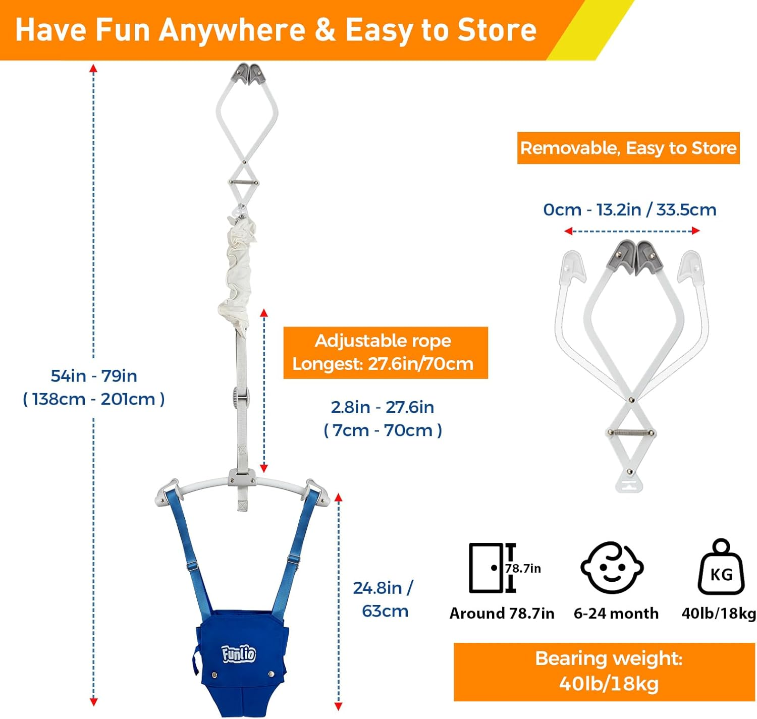 FUNLIO Baby Door Jumper for 6-24 Months (With Door Clamp), Jumper Doorway with Strong Spring & Adjustable Strap, Portable Infant Baby Bouncer, Easy to Assemble, Bearing 40 Lbs, CPC & CE Certified image number 1