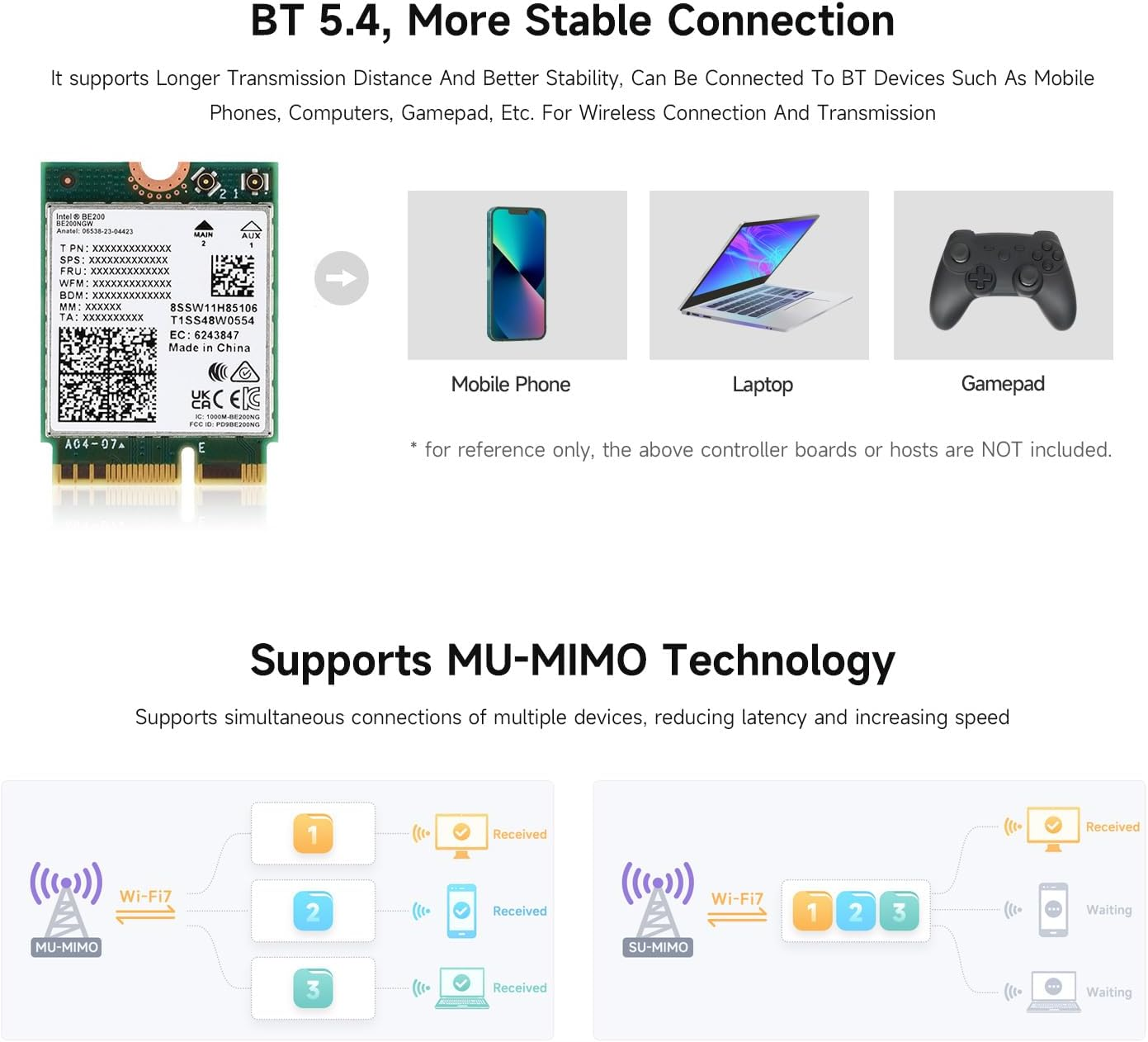 Waveshare Wire-Less BE200 NIC, Gigabit Tri-Band W-F 7, IEEE 802.11A/B/G/N/Ac/Be/Ax Standard, BLT 5.4 image number 2