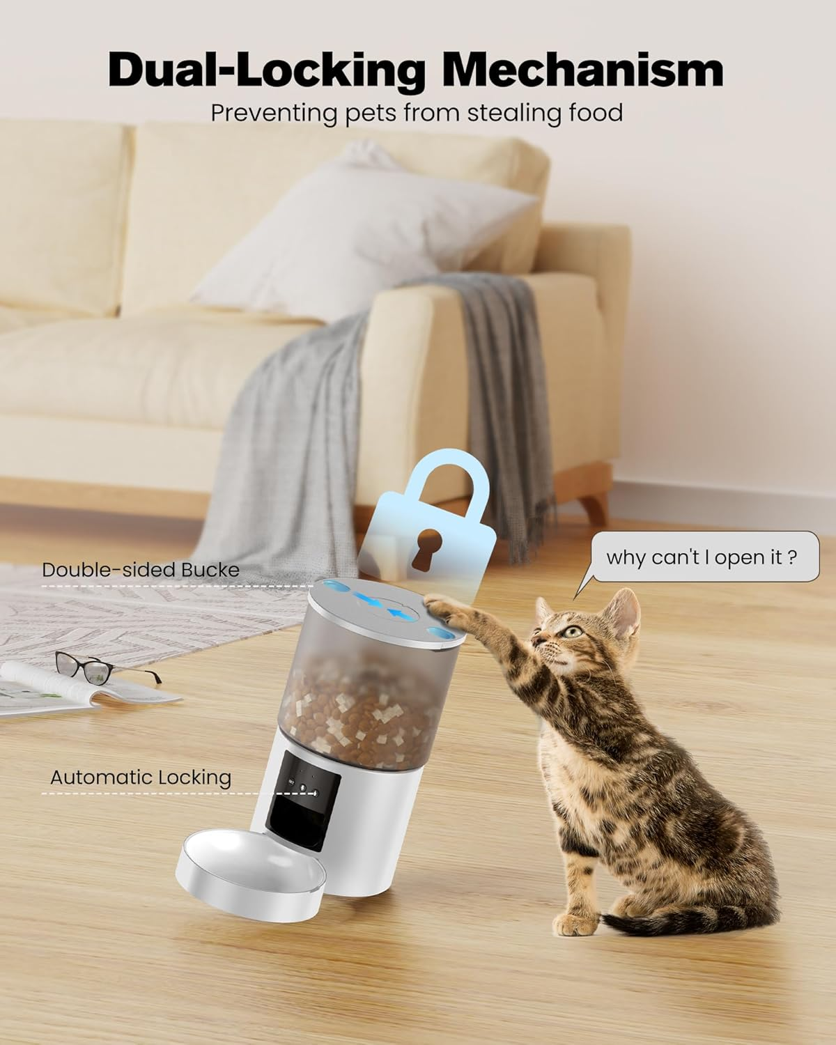 POOEKEN Automatic Cat Feeder, Wifi: 4L Capacity, Customised Schedule, App Control, Voice Interaction, White image number 3