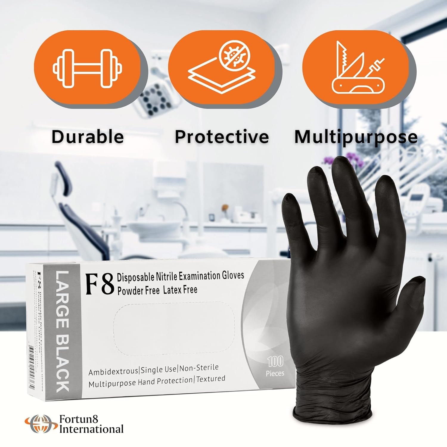 F8 Disposable Nitrile Examination Gloves, Size LARGE and BLACK, Latex & Powder Free, Multipurpose, Non Sterile, Extra Strong, Textured, Protection against Bacteria, Ambidextrous, Easy Fit image number 1