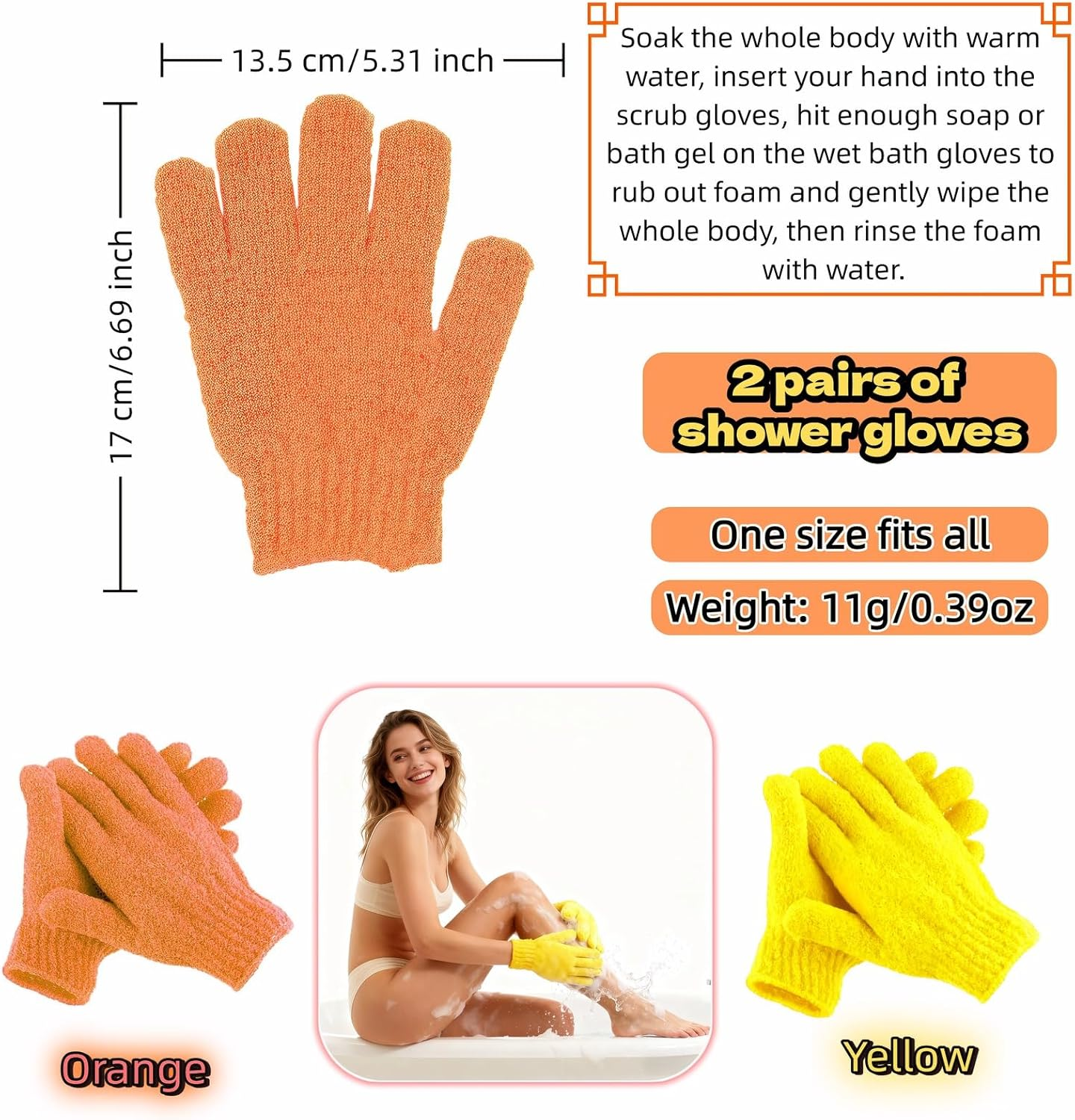 Ryandesign Exfoliating Shower Gloves, 2 Pairs Reinforced Nylon Bath Scrubbing Mitts, Orange and Yellow, One Size Fits All, Body Cleansing Massage image number 6