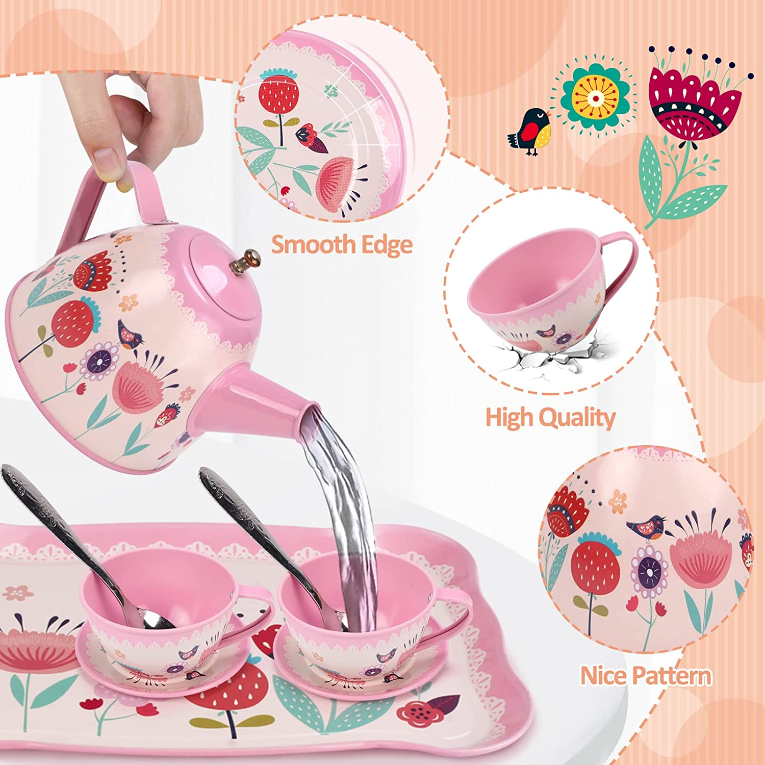 REMOKING 45 PCS Kids Tea Party Set for Little Girls,Tea Set Including Pretend Tin Teapot,Dessert,Cookies,Doughnut,Ice Cream, Kids Kitchen Pretend Play Playset,3 4 5 6 7 Year Old Boys Girls Gifts Toy image number 6