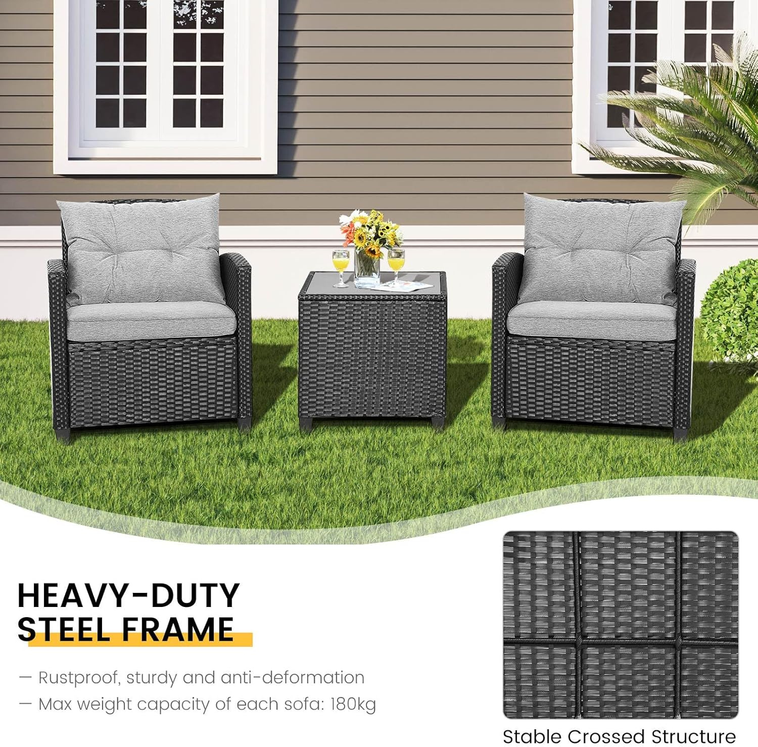 Costway 3 Pieces Patio Lounge Set, PE Rattan Wicker Outdoor Sofa Set W/Washable Cushion and Tempered Glass Tabletop, Conversation Furniture for Garden Poolside Balcony (Gray) - Gray image number 1