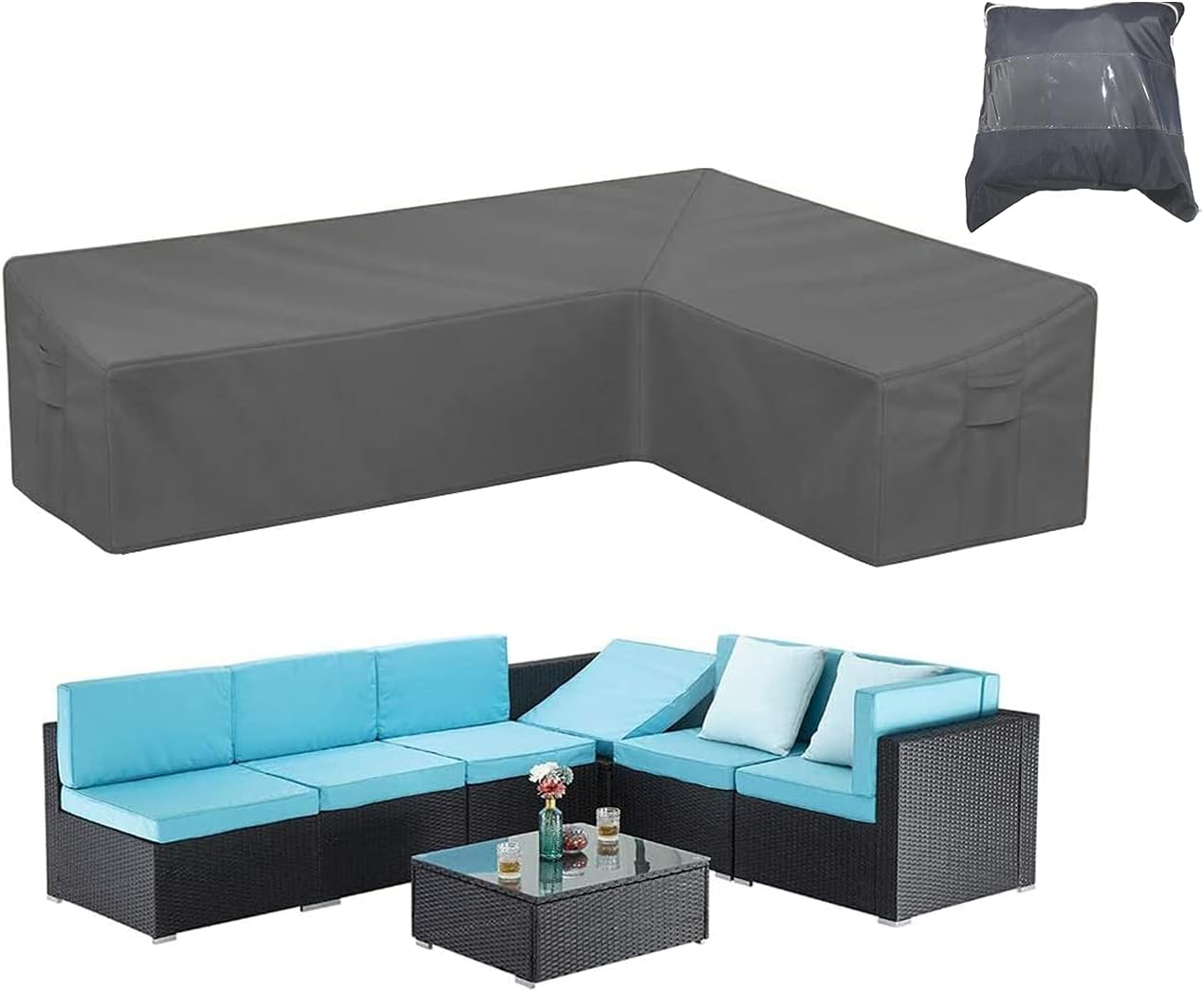 Garden Furniture Covers L-Shape Furniture Cover Waterproof Windproof 420D Heavy Duty Oxford Fabric Outdoor Patio Sectional Couch Rattan Corner Sofa Table Chair Protection Left Facing:112&times;87In image number 3