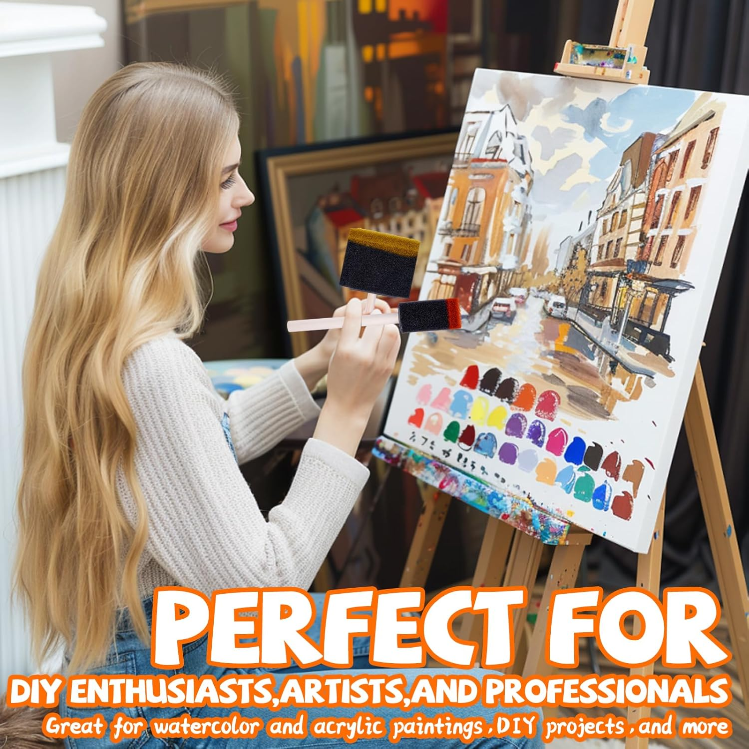 Polly Online 4 Pcs Foam Art Paintbrushes Wood Handle Sponge Brushes 1'', 2'',3'' & 4'' Sponge Paint Brush for Painting Varnishes DIY Craft Projects image number 5