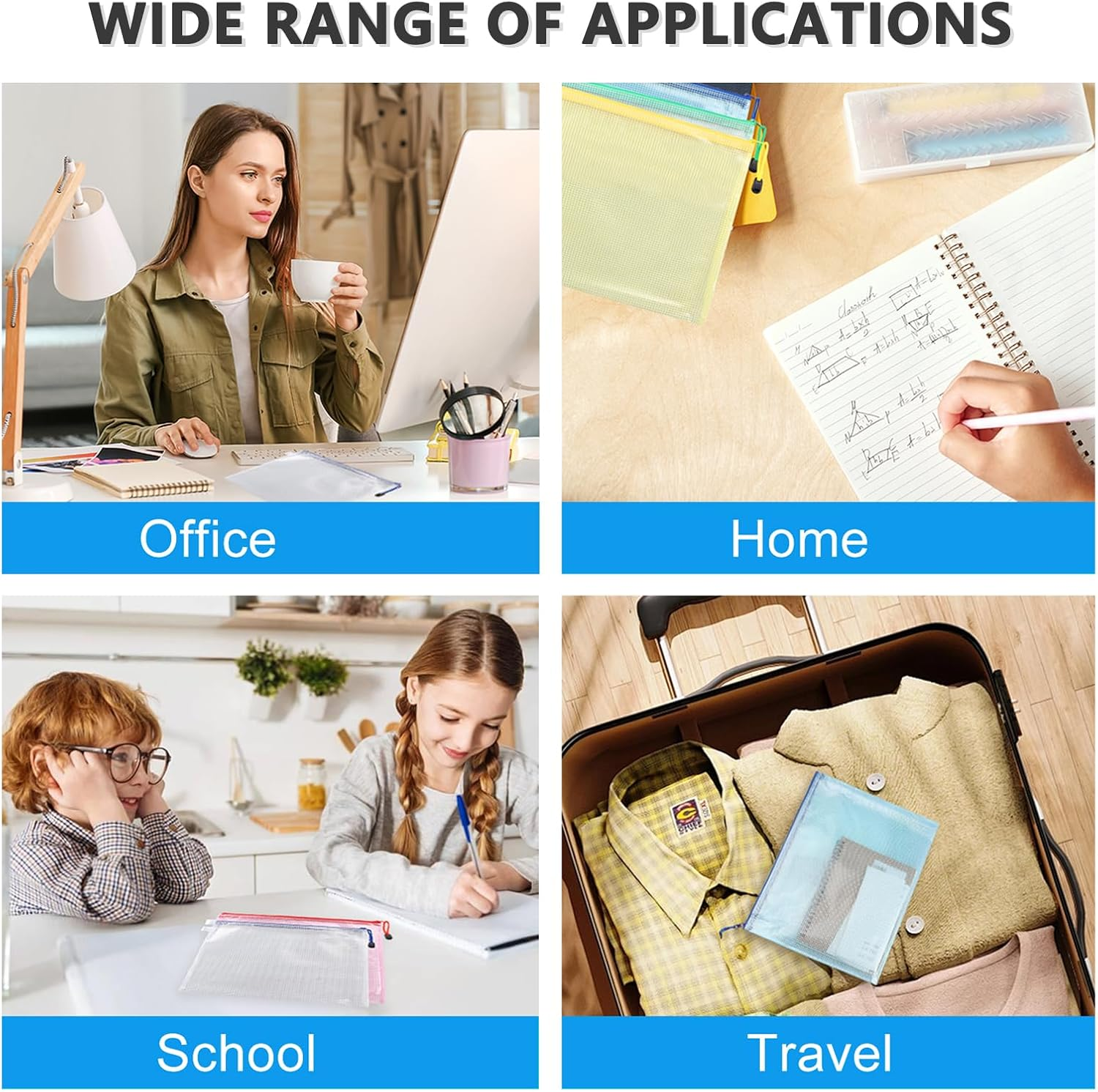 ZTOWOTO 5 PCS Mesh Zipper Pouch Bags,A4 Zipper Pouch Zipper Bags,Waterproof Mesh Zipper Bags,Zipper Mesh Pouch Ideal for School Office Home Work Office Supplies Travel Organization (5 Color) image number 2