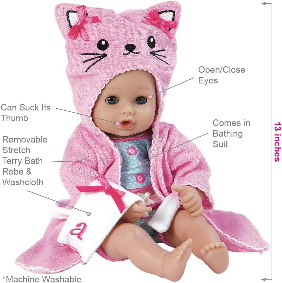 Adora Bath Time Babies Collection, 13" Baby Doll and Clothes Set, Made with Fresh Powder Scent and Exclusive Quickdri Vinyl Body, Birthday Ages 1+ - Kitty