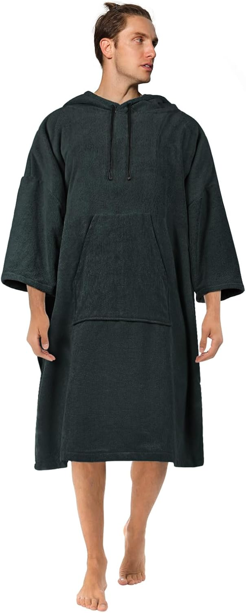 Vulken Thick Hooded Beach Towel Changing Robe, 3/4 Sleeve Surf Poncho for Men and Women, Easy Change, Microfiber Towelling for Beach Swimming, 39" X 33", Black