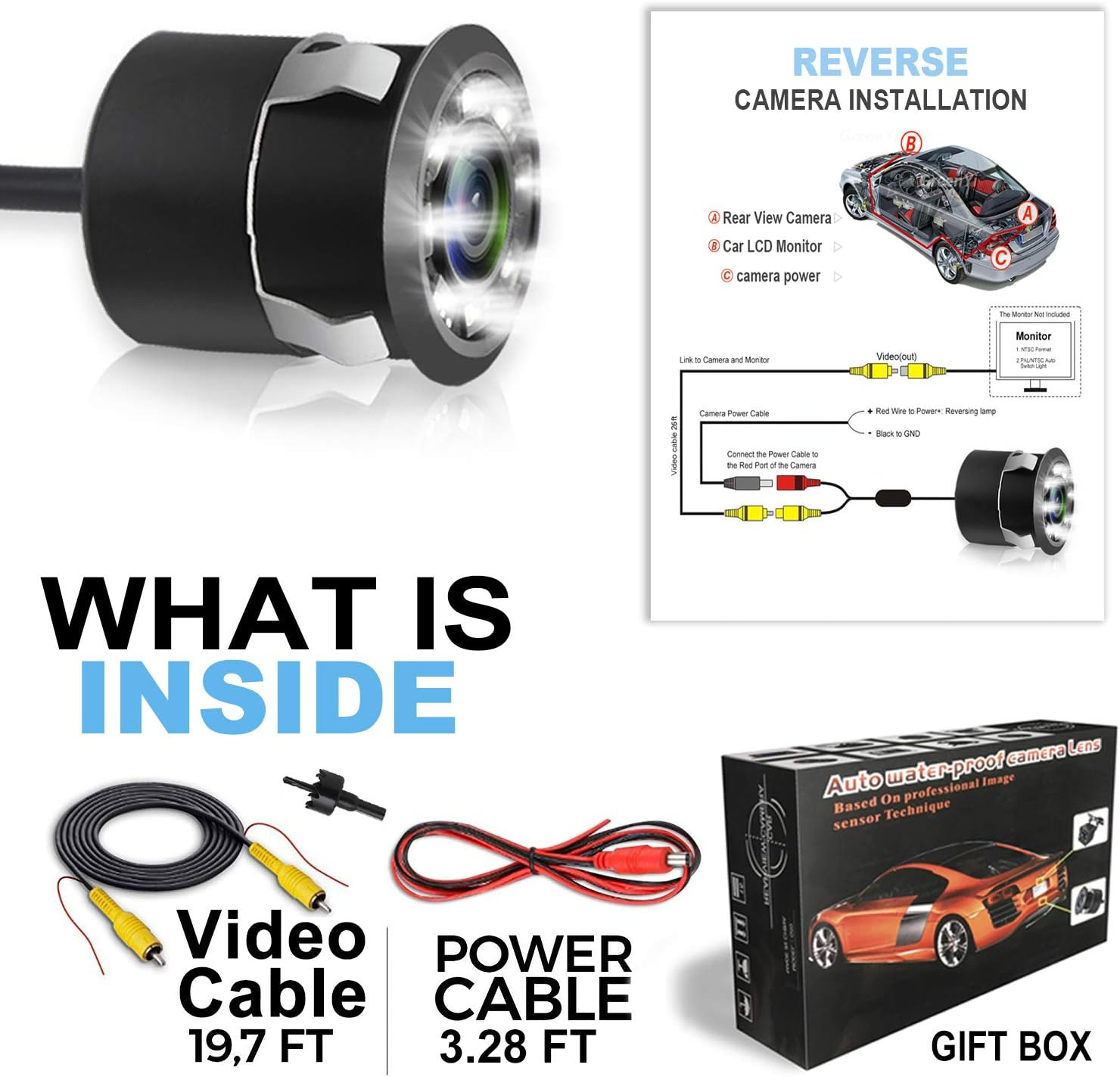 Car Rearview Camera Backup Camera for Car Vehicle Camera Back up Car Camera Reverse Camera Parking Assist Line, 8 LED Night Vision Lights, Wide-Angle 170 Degrees - Led Car Camera image number 5