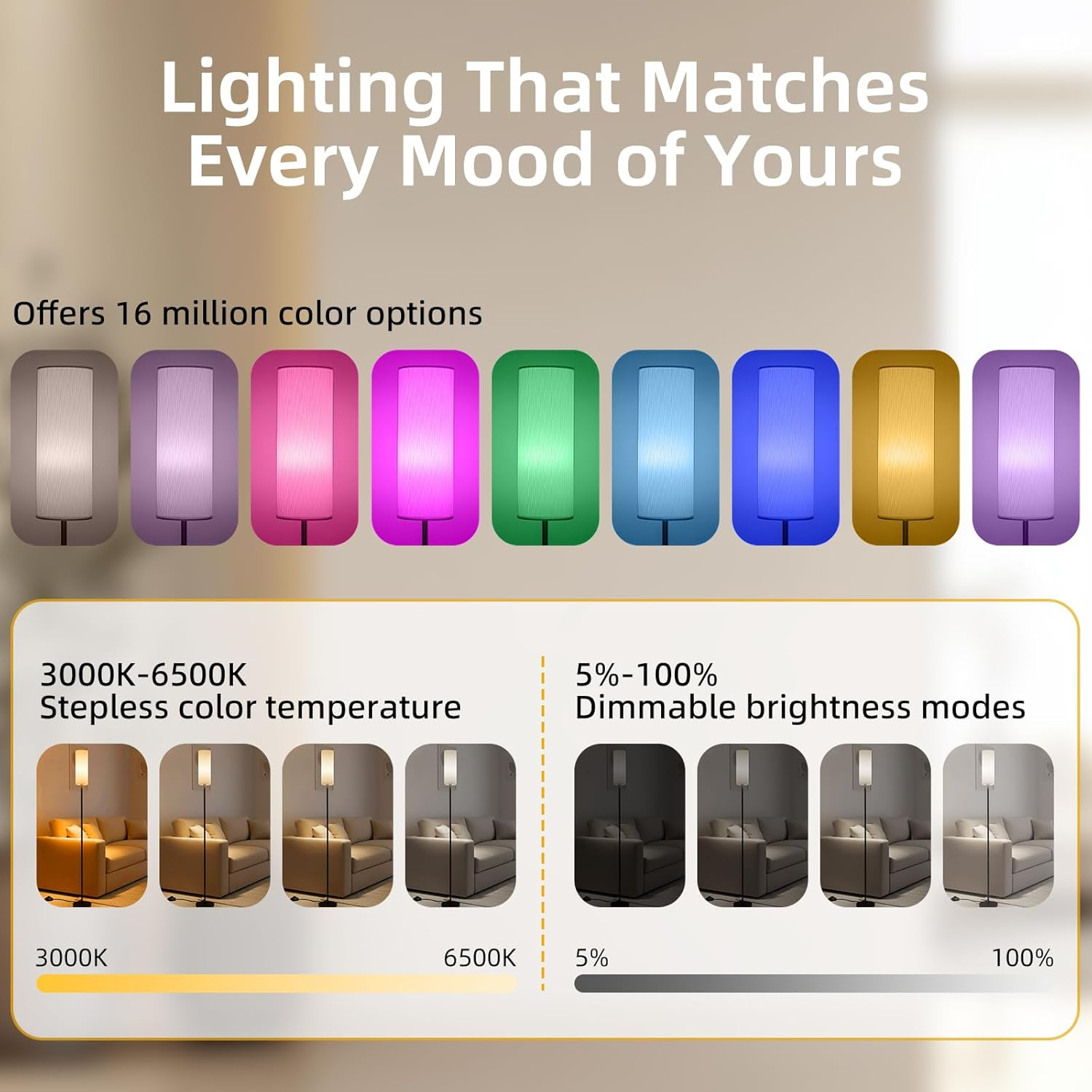 RGB Floor Lamp for Living Room, Modern Floor Lamp with Remote - 3 Color Temperature LED, Foot Switch, 9W RGB LED Bulb for Bedroom Office Kid Room, Warmth & Colourfulness image number 2