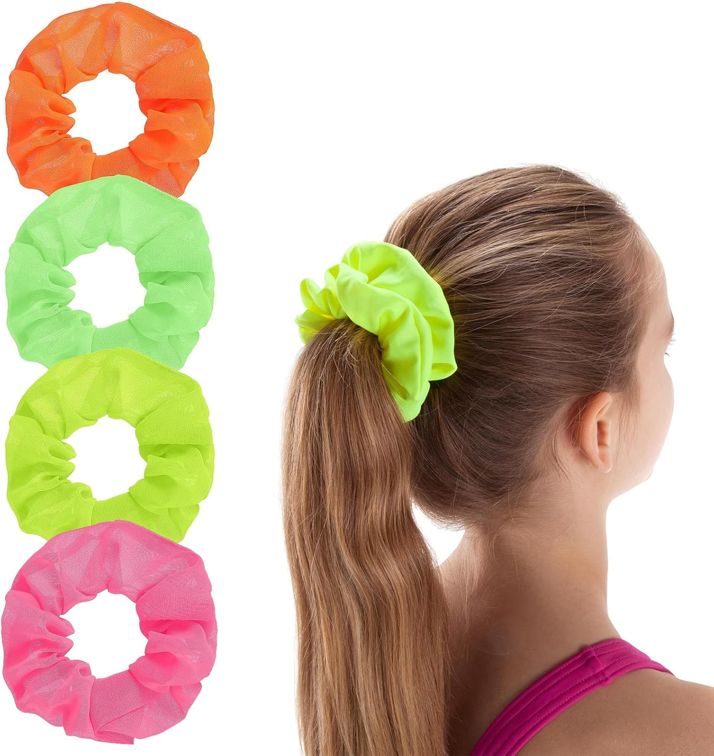Tavvke 4 Pcs Neon Scrunchies, 80S-Inspired Chiffon Hair Ties, Soft Elastic Ponytail Holders, Thick Neon Hair Bands in Solid Colors Ideal for Christmas, Halloween, and Parties, for Women and Girls image number 1