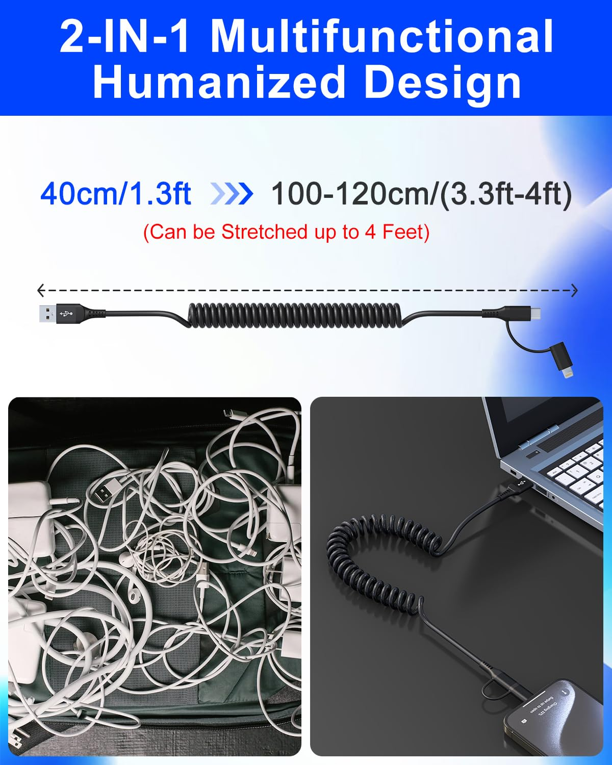 Coiled USB to USB C and Lightning Cable 2 in 1 - Mfi Iphone 15 Car Charger Cord, 3A Fast Charging Cable for Iphone 15/15 Pro/15 Pro Max/14, Galaxy, Android, Support Apple Carplay & Android Auto & Data image number 6