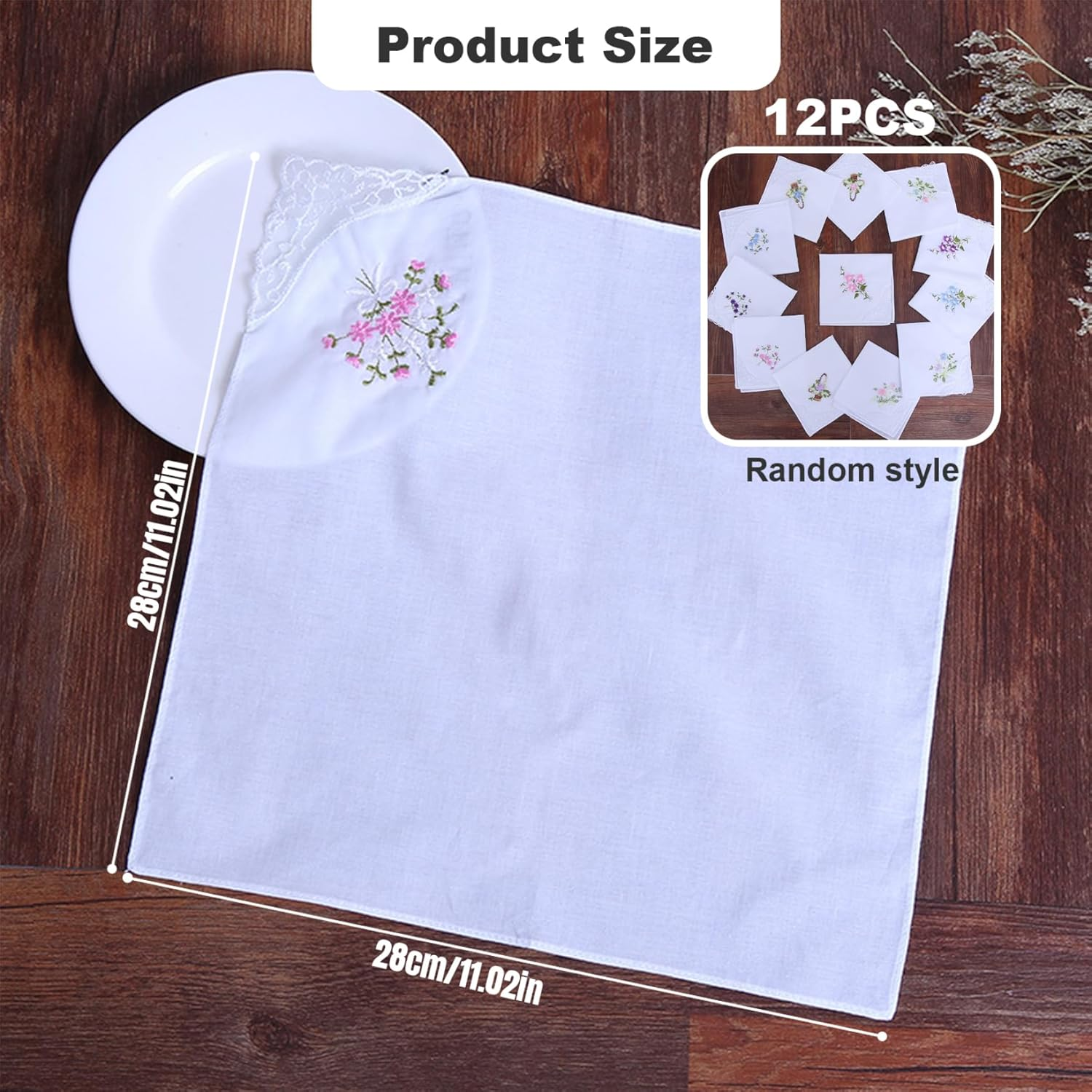 Handkerchiefs for Women 12PCS Pocket Square 11X11Inch Cotton Flower Embroidered Handkerchief with Lace White Hankies for Women Tea Favors, Random Type image number 5