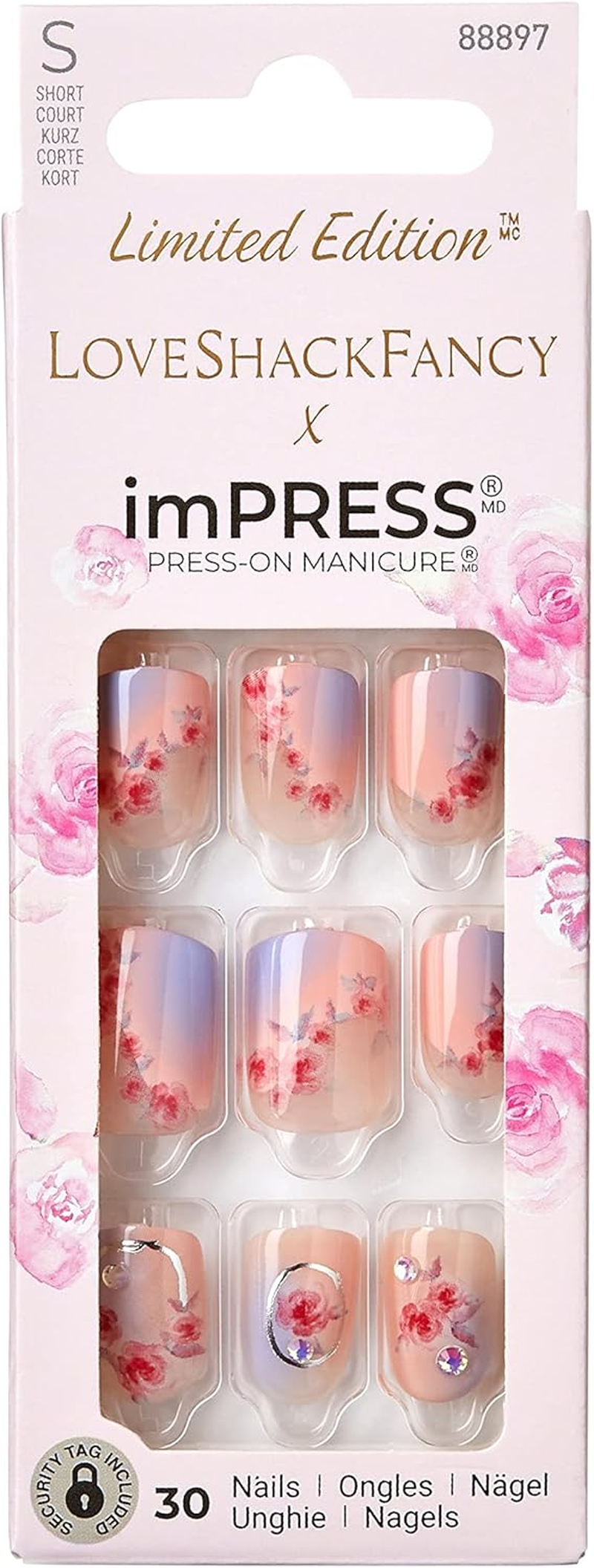 Impress KISS Loveshackfancy X Press-On Manicure Limited Edition, Style "Sunkissed Peach" Short Square Pink Press-On Nails, Includes Prep Pad, Mini Nail File, Cuticle Stick, & 30 Fake Nails