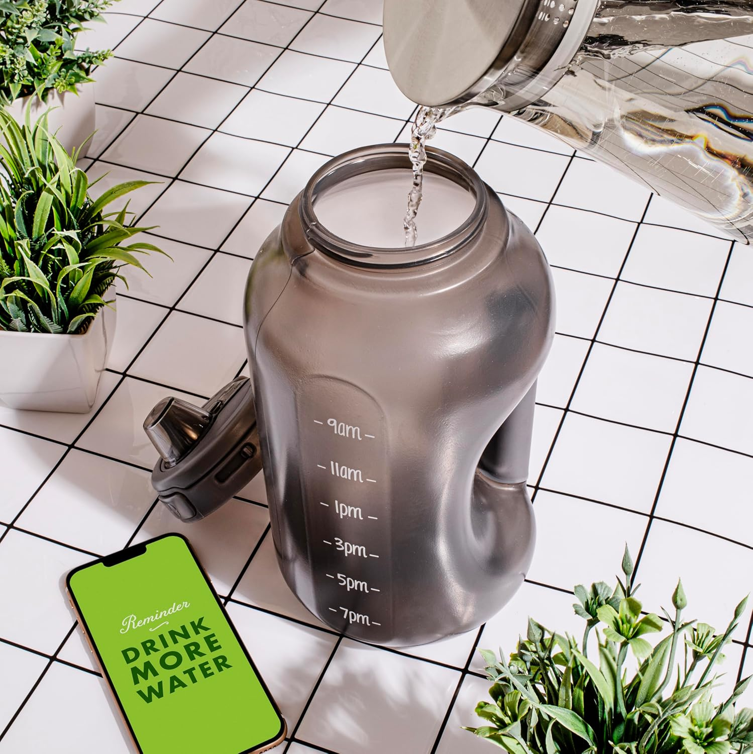 Ello Hydra Half Gallon Jug with Time Marker & Handle for All Day Hydration & Silicone Straw with Locking, Leak Proof Lid BPA Free, Gray, 64Oz