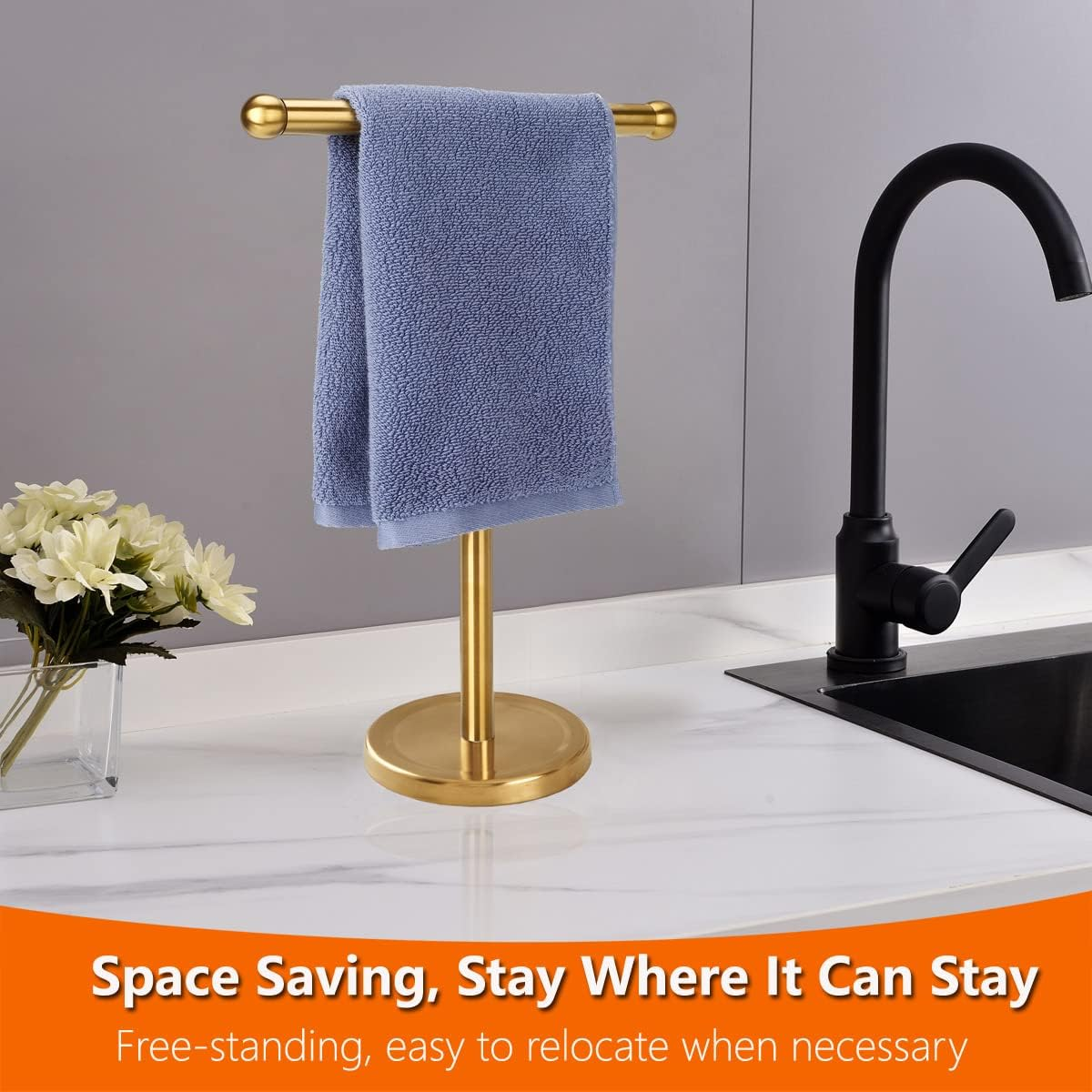 Gold Hand Towel Holder Stand with Heavy Stainless Steel Base, T-Shape Towel Rack, Free-Standing Towel Holder Countertop for Bathroom (Brushed Gold) - Brushed Gold image number 3