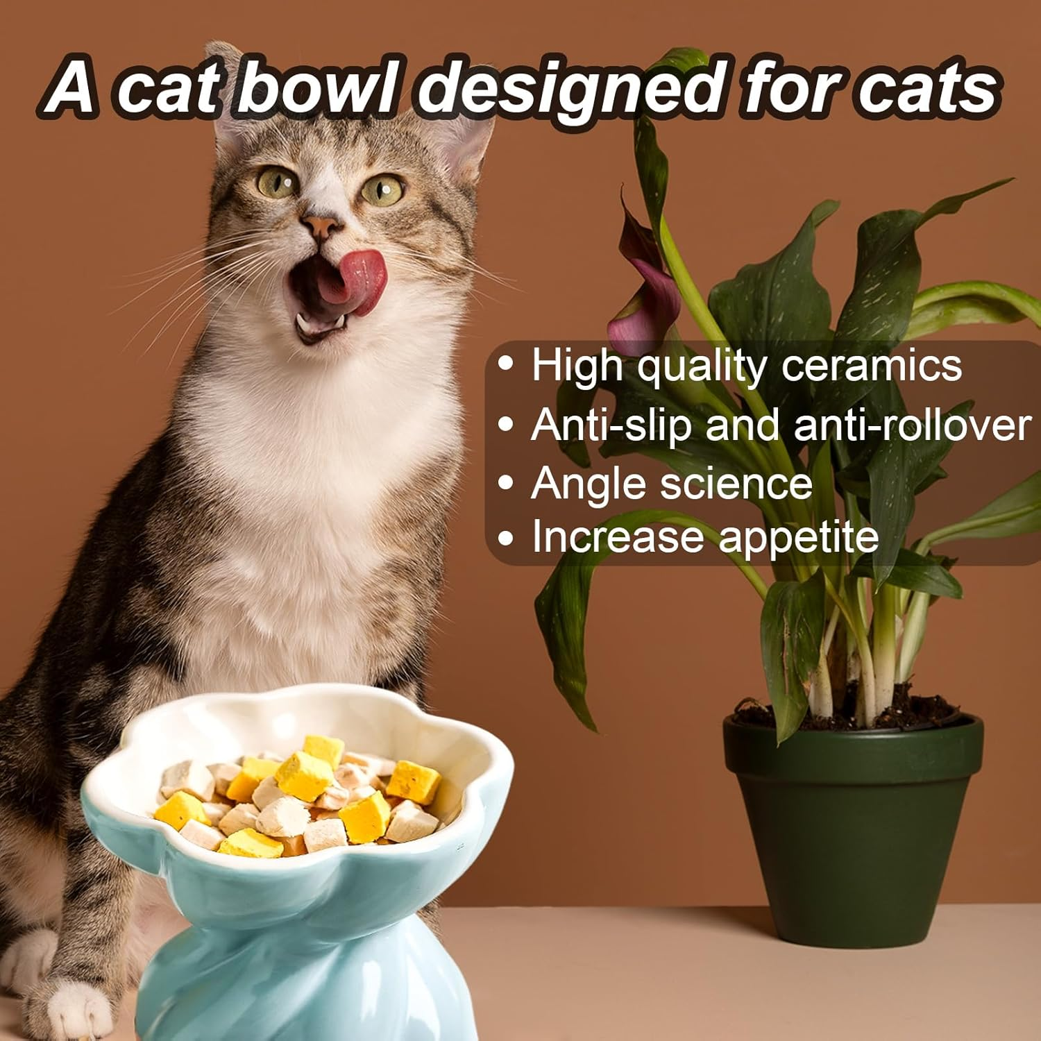 Ceramic Flower Cat Bowl Elevated Cat Bowl 5.3In Indoor anti Vomit Blue Cute Cat Bowls for Cats and Small Pets image number 3