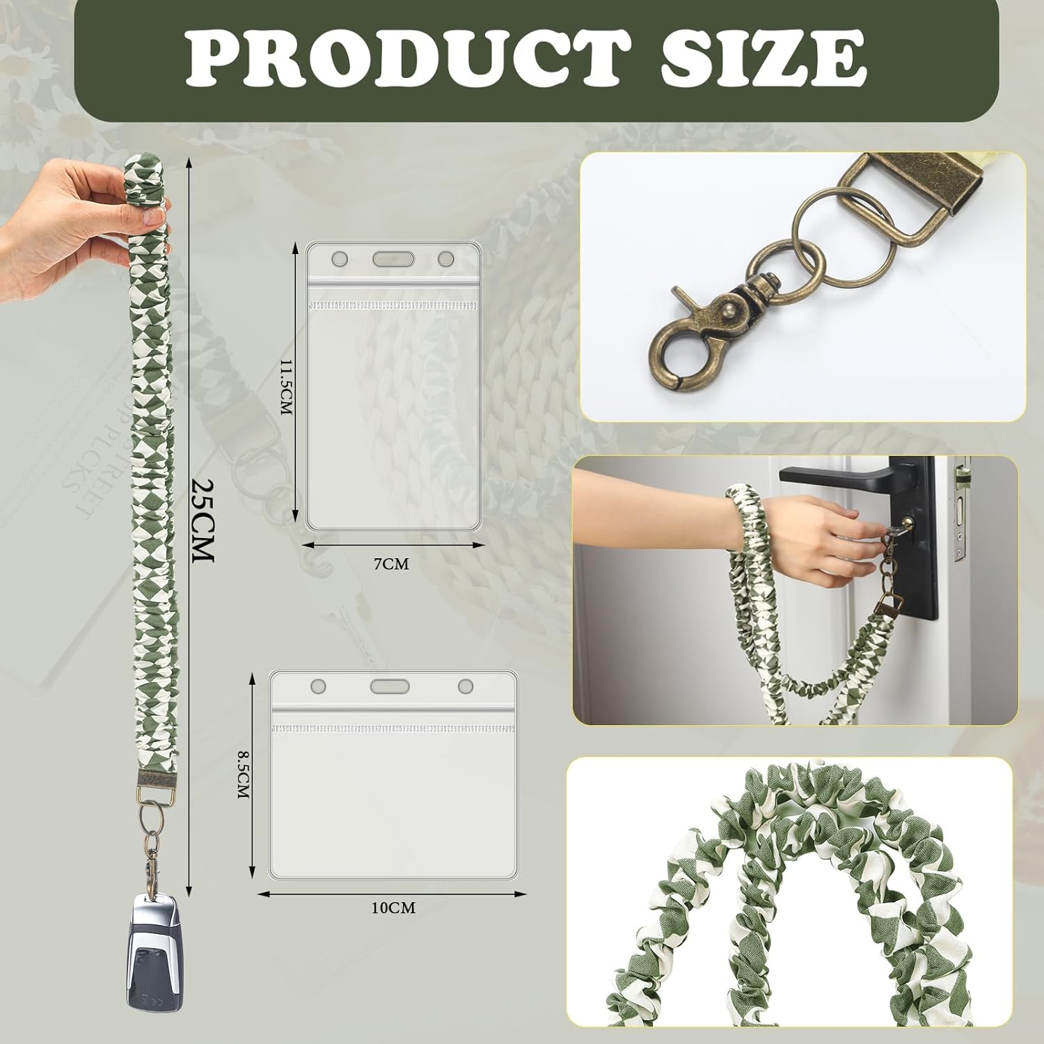 Marspark 2 Set Scrunchie Lanyards with 4 Card Holders for ID Badges and Keys Cute Stretchy Scrunchie Neck and Wrist Lanyards for Teacher Women Nurses School Office Supplies(White Green, Checked) image number 6